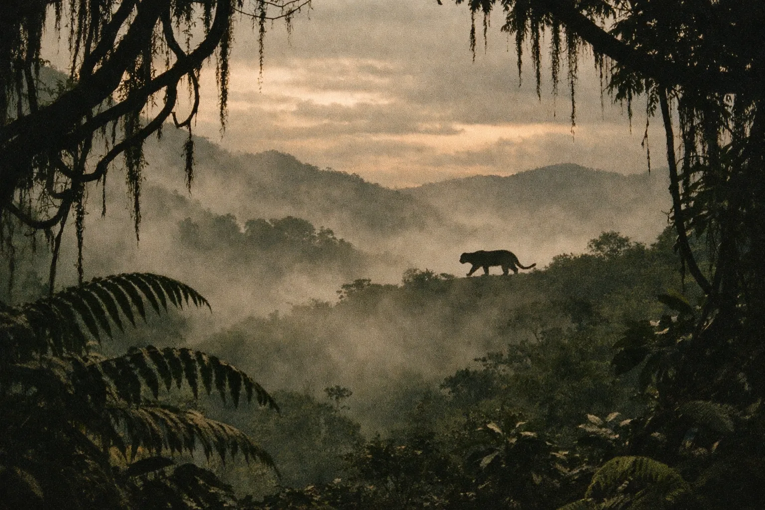 Distant jaguar silhouette in Costa Rica's rainforest, misty ridge and dense vegetation.