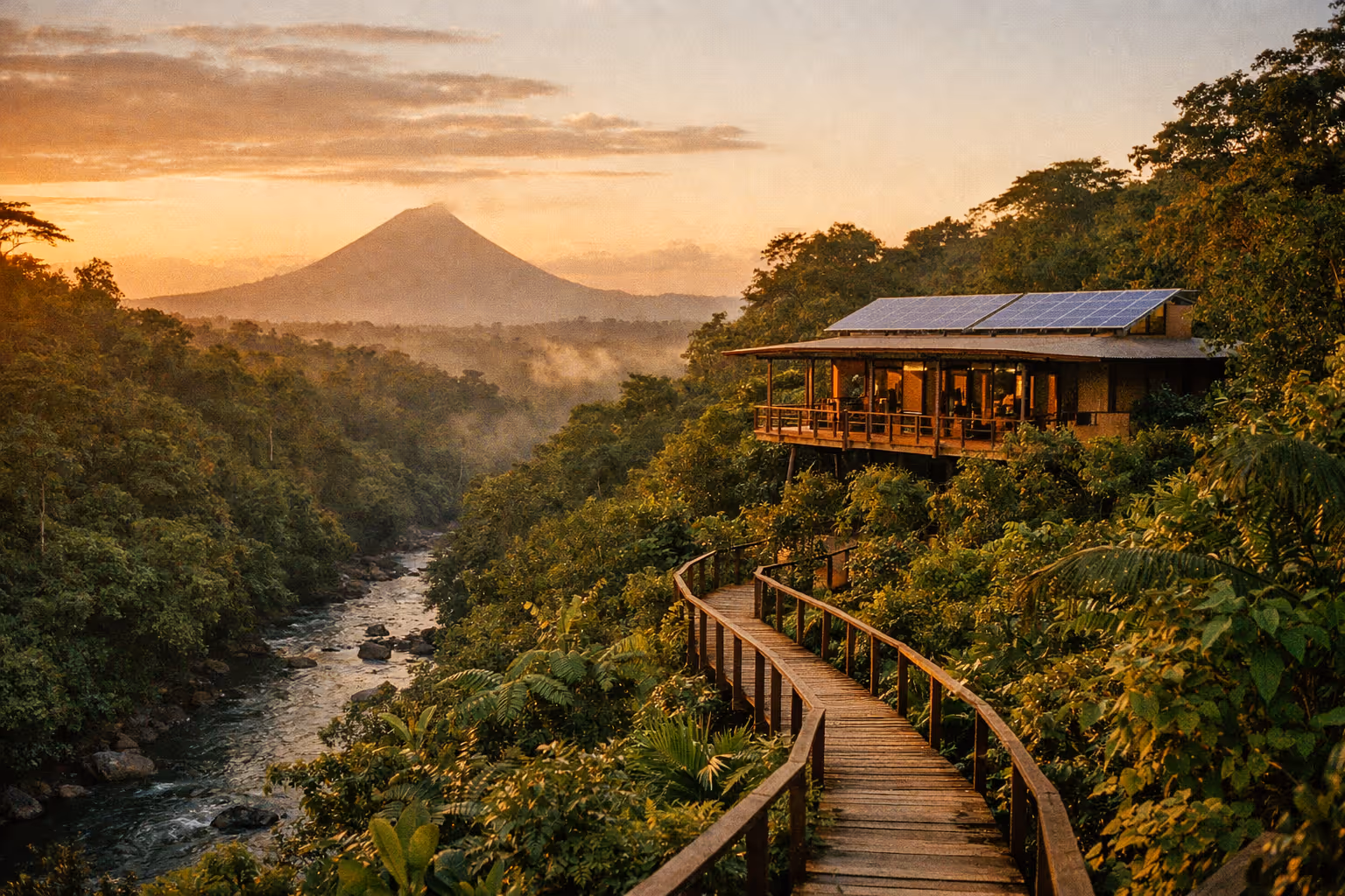 Costa Rica eco-lodge along a rainforest river at golden hour, emphasizing sustainable travel