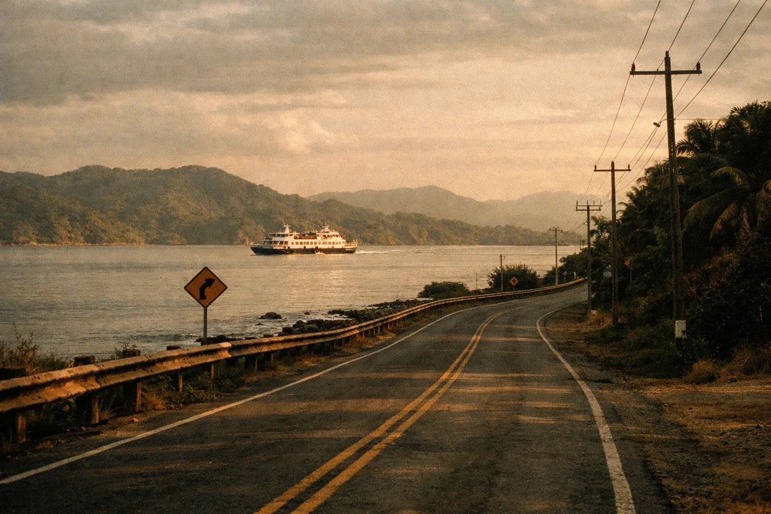 Coastal road toward Puntarenas with ferry in distance