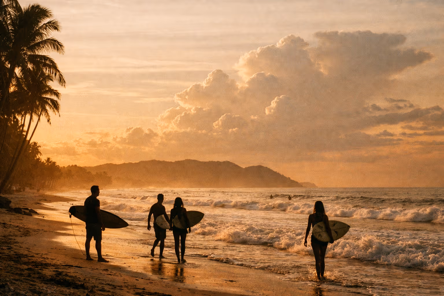Surfers in silhouette along Santa Teresa beach at golden hour