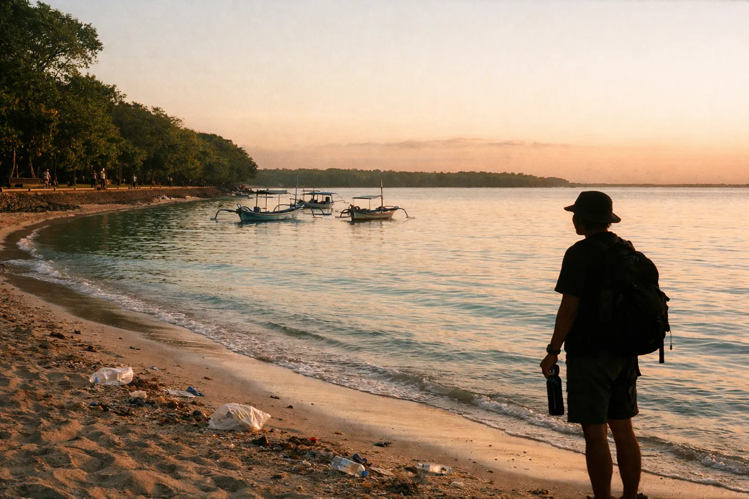 A traveler walking along Sanur Beach at sunrise, with jukung boats offshore and a faint tide line of debris.