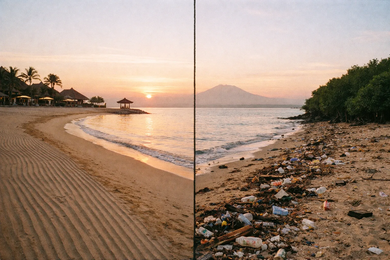 Split view of Sanur: a clean resort-fronted beach on the left, a debris-littered stretch toward mangroves on the right.