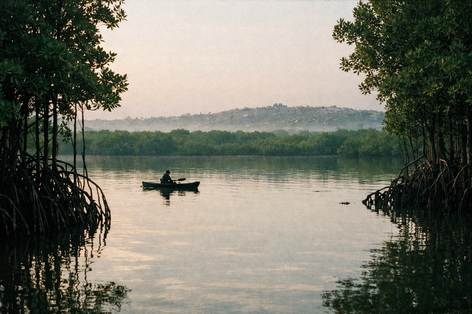 Kayak silhouette gliding through Ngurah Rai mangroves with a distant landfill edge visible beyond the wetlands.