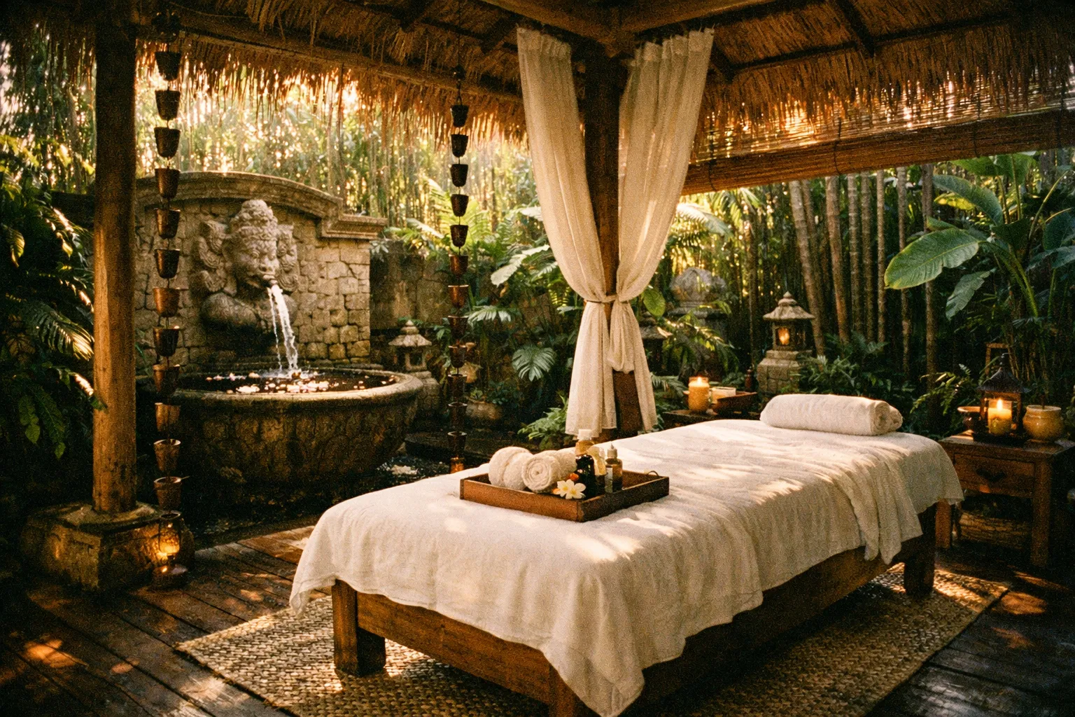 Open-air Balinese spa pavilion in Seminyak with massage bed and lush garden