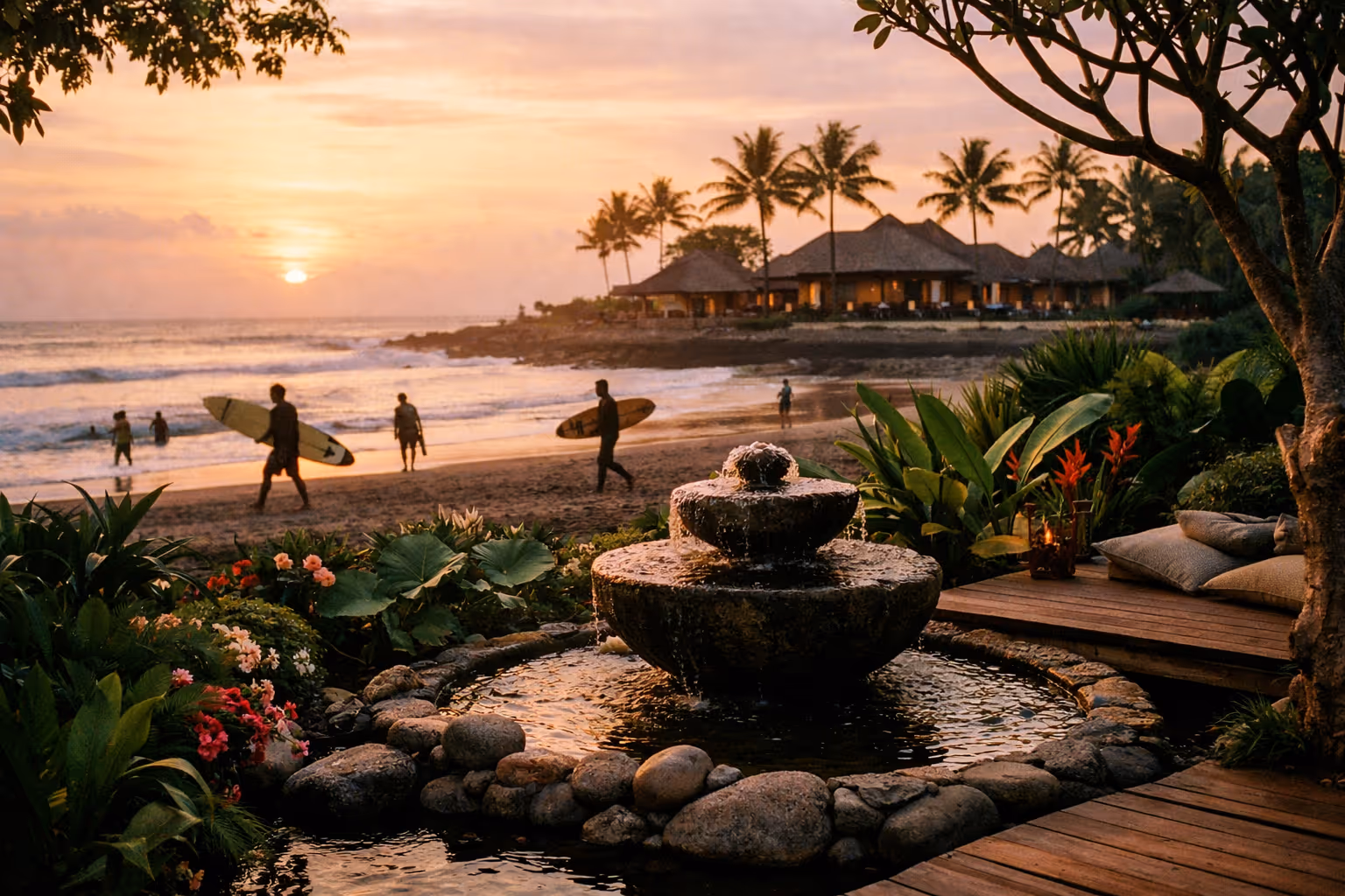 Golden-hour Seminyak coast with surfer silhouettes, luxury villa and tranquil spa garden in the foreground