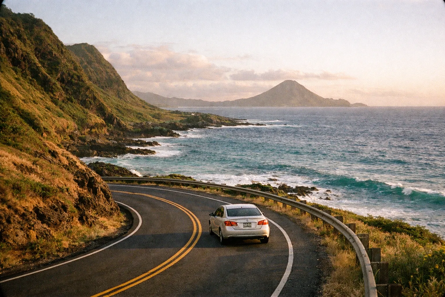 Editorial shot of a single rental car on a coastal road at golden hour with cliffs and sea.