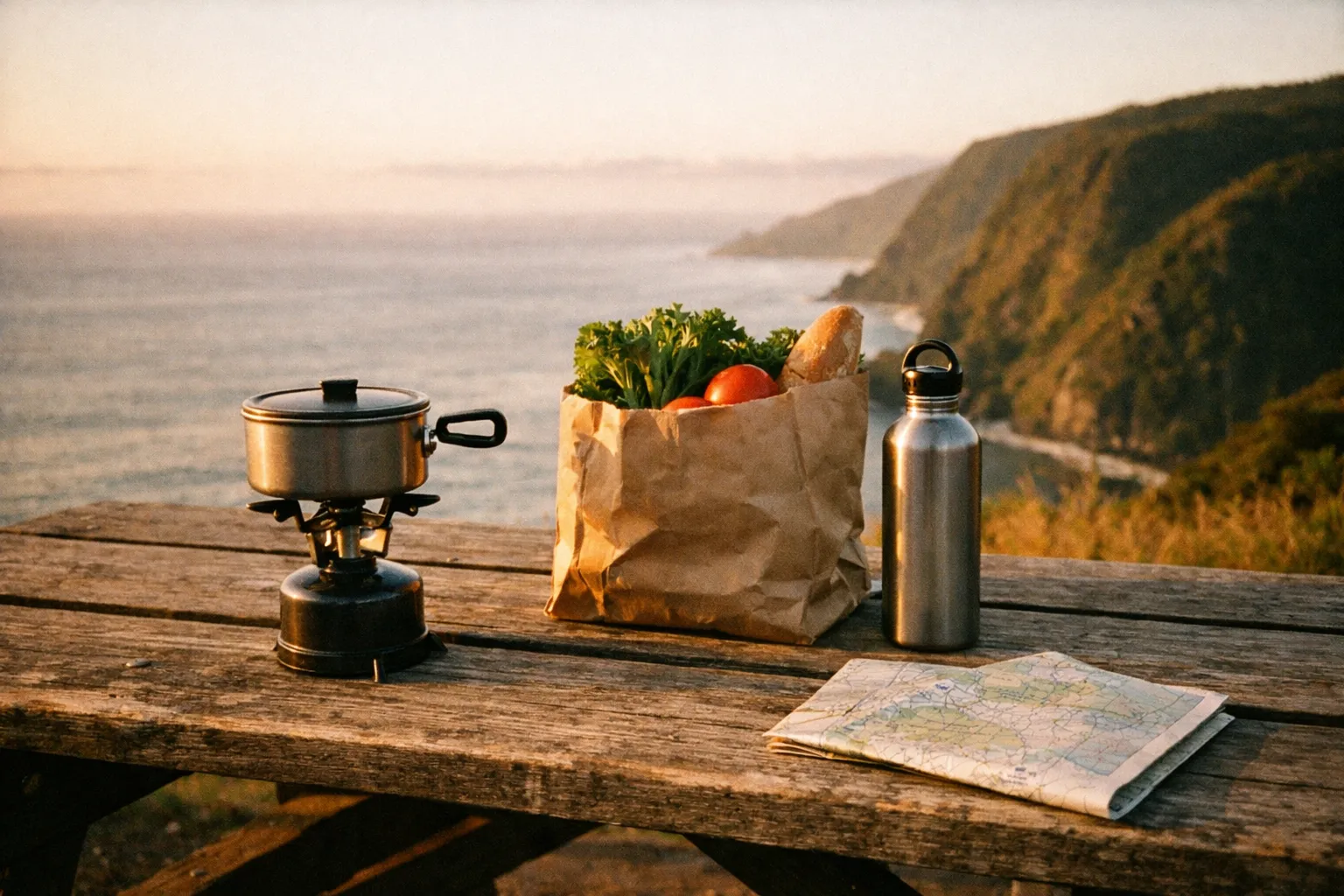 Minimalist beach overlook still life with camping stove, pot, groceries, and map.