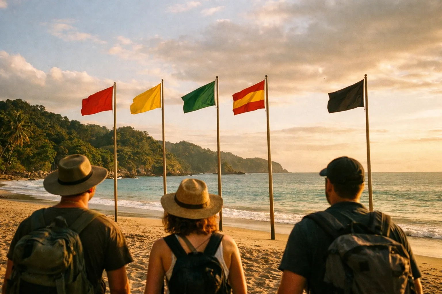Silhouettes of travelers on a Costa Rican beach reading flag-based safety signage at golden hour