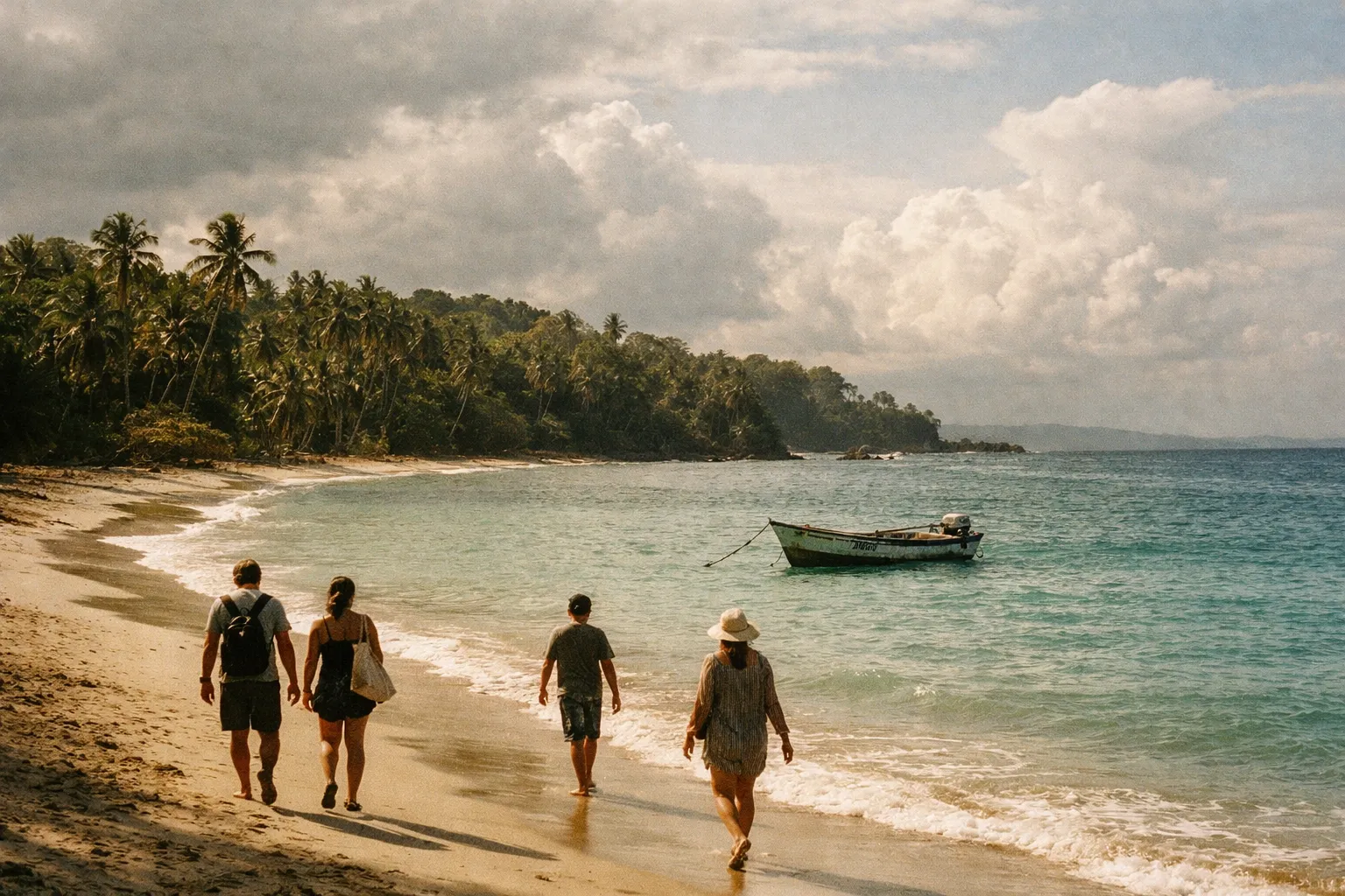Caribbean coast near Limón with turquoise water, palm trees, and a distant boat on the horizon