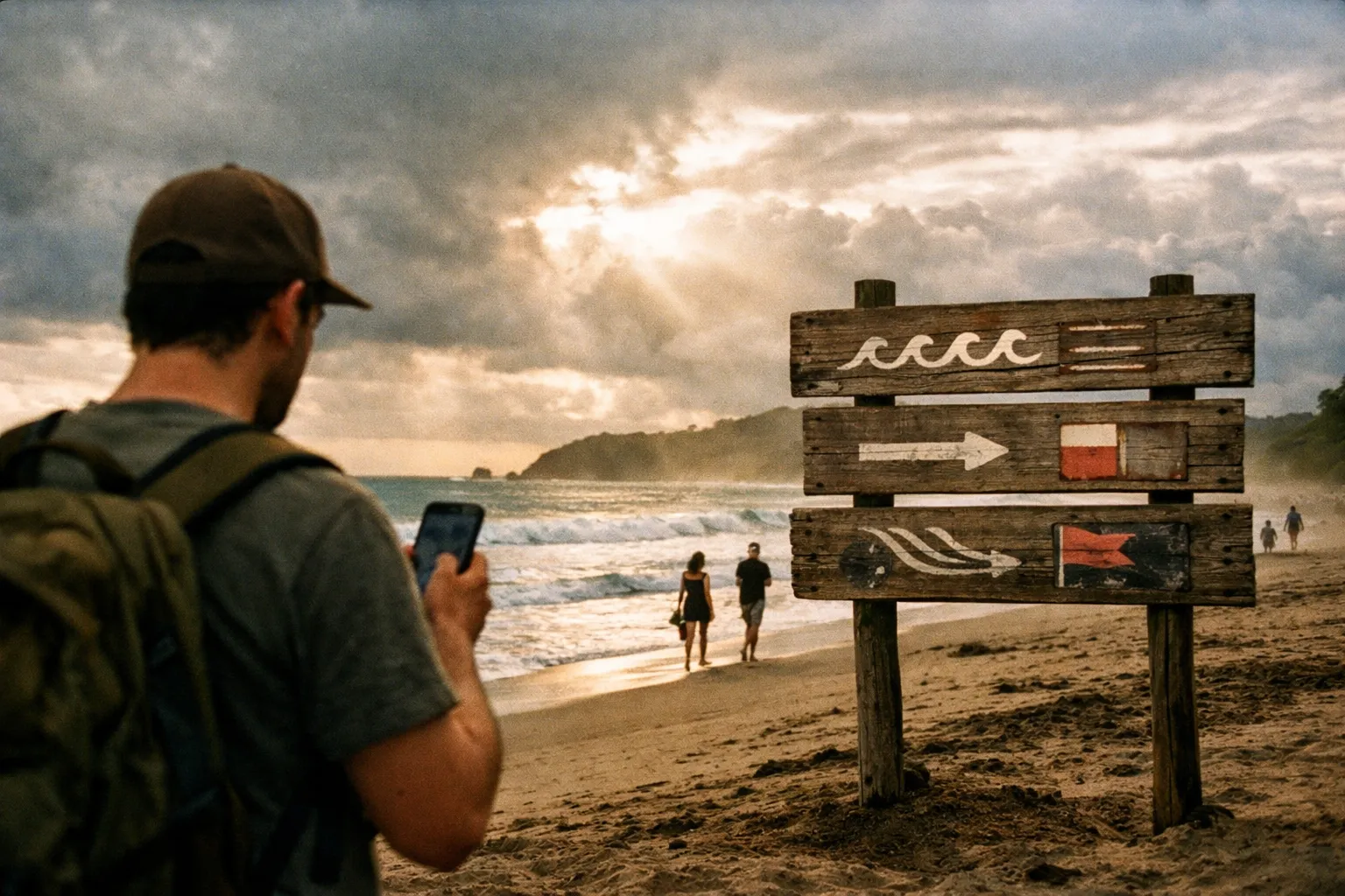 Traveler backs shown, studying beach conditions on a Costa Rica shoreline as clouds move in