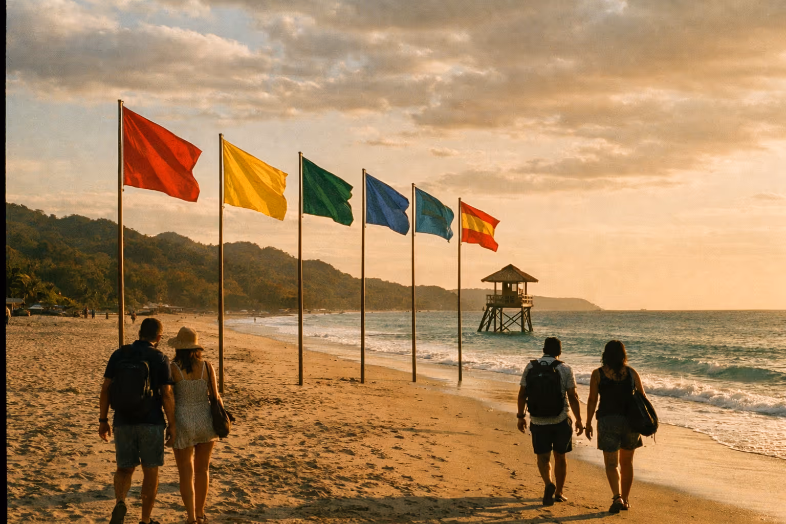 Editorial feature image: Costa Rica beach safety flags and lifeguard setup at golden hour