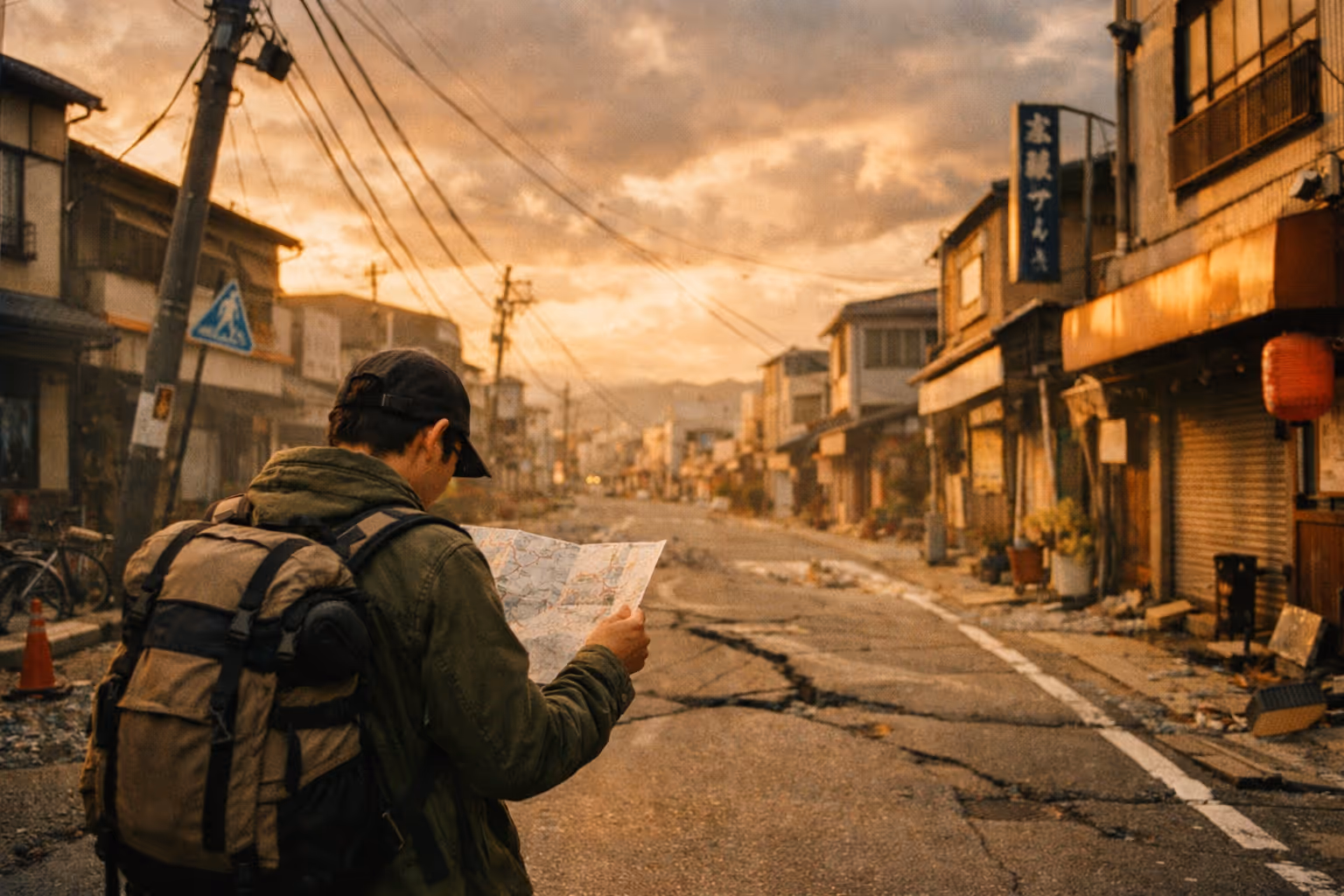Hero editorial image of a traveler with a backpack on a quiet Japanese street at golden hour, ready for earthquake safety tips