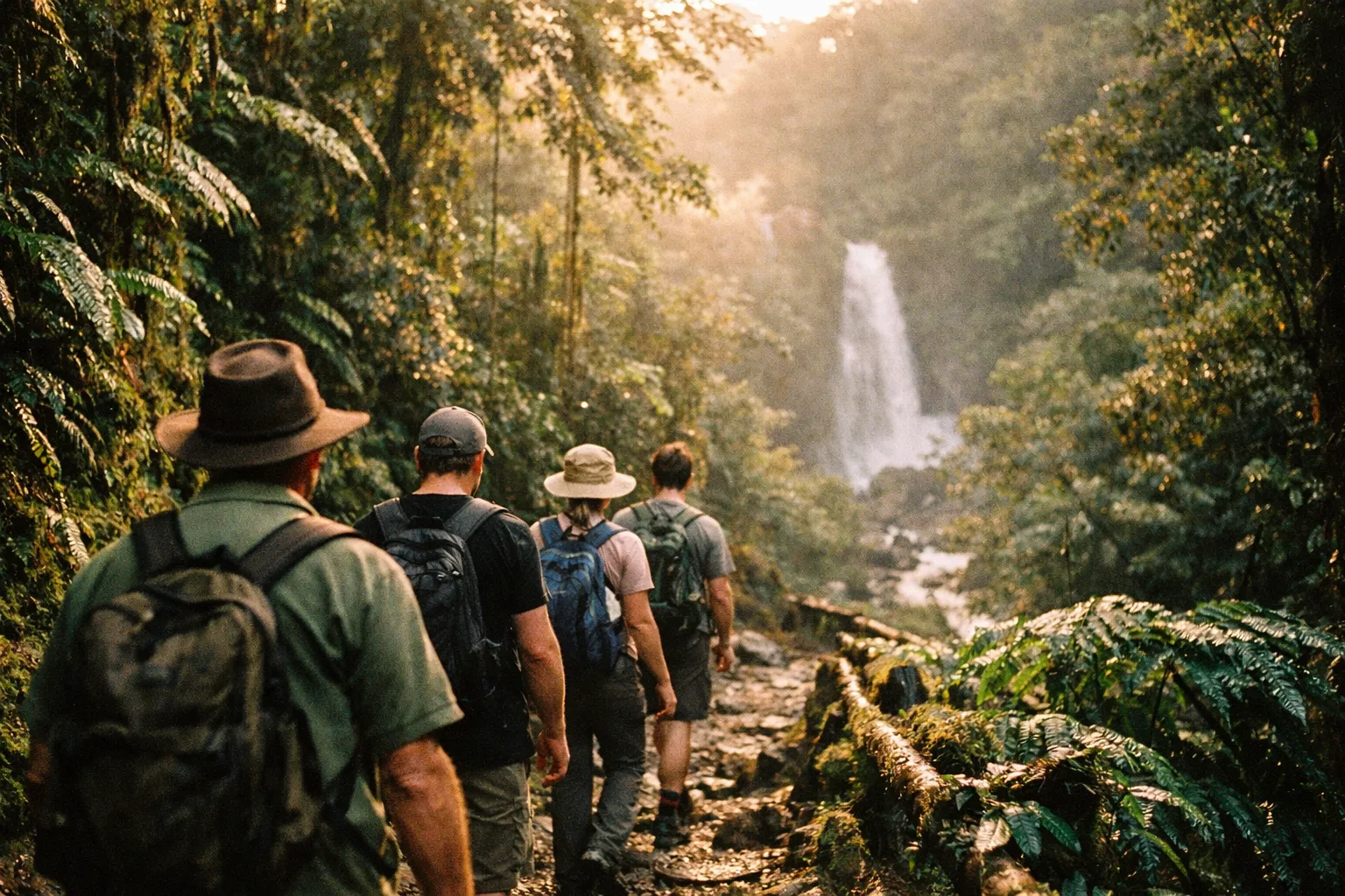 Three hikers viewed from behind trekking through a misty Costa Rican rainforest at dawn