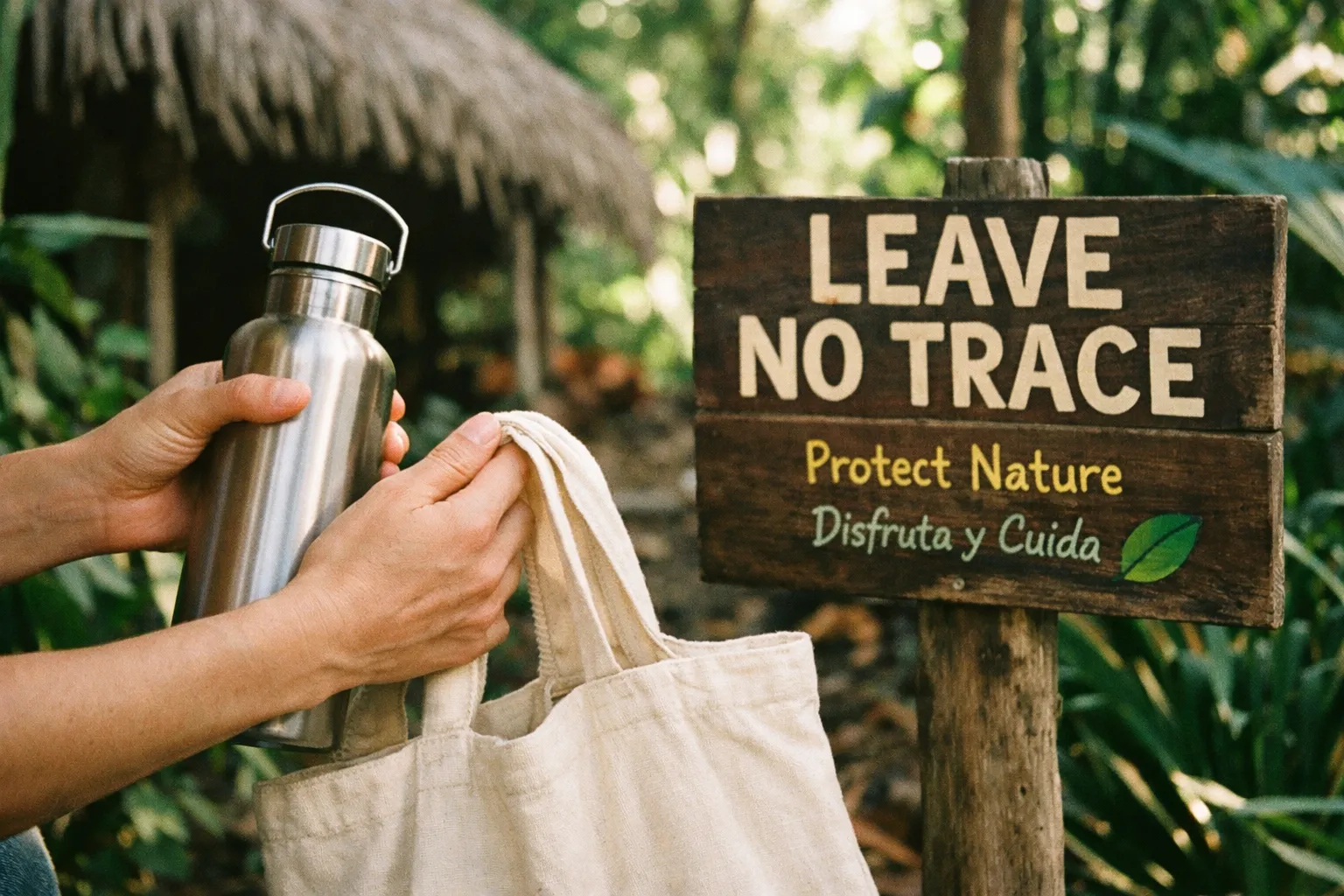 Close-up of hands handling a stainless steel reusable bottle beside a Leave No Trace sign