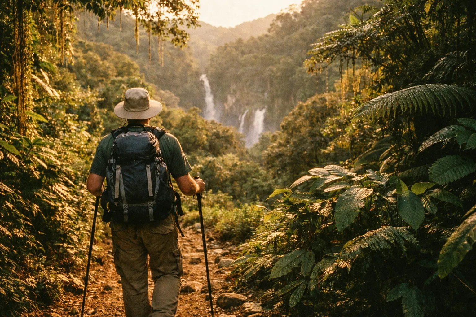 Back of a hiker with a backpack walking along a rainforest trail toward sunlight