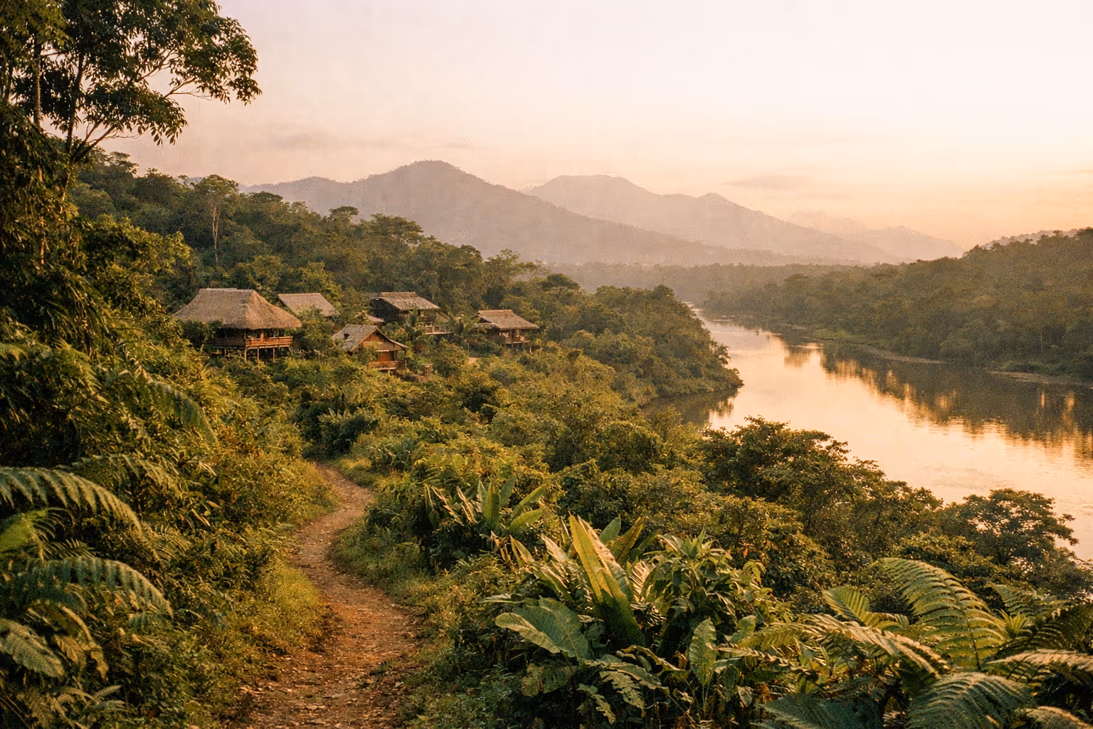 Editorial hero image of Costa Rica's eco-tourism landscape at golden hour, rainforest, trails and distant eco-lodges