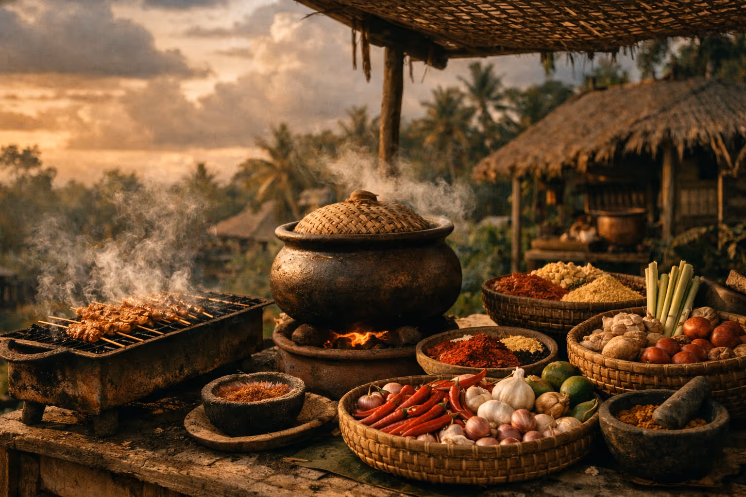 Editorial Bali food cover: market textures and cooking aromas at golden hour