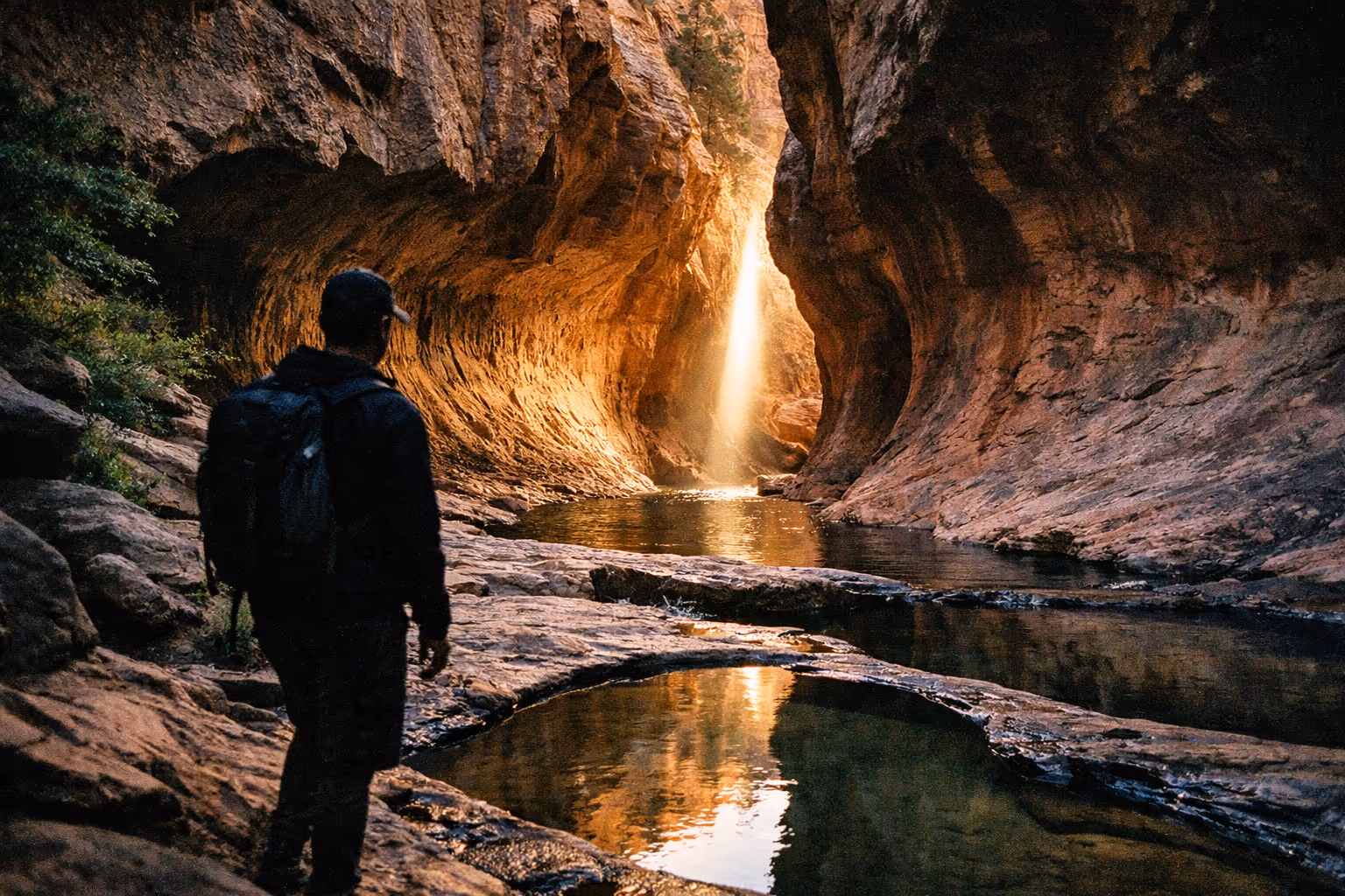 Editorial gold-hour Zion Subway Trail scene with a lone hiker silhouetted against the canyon.