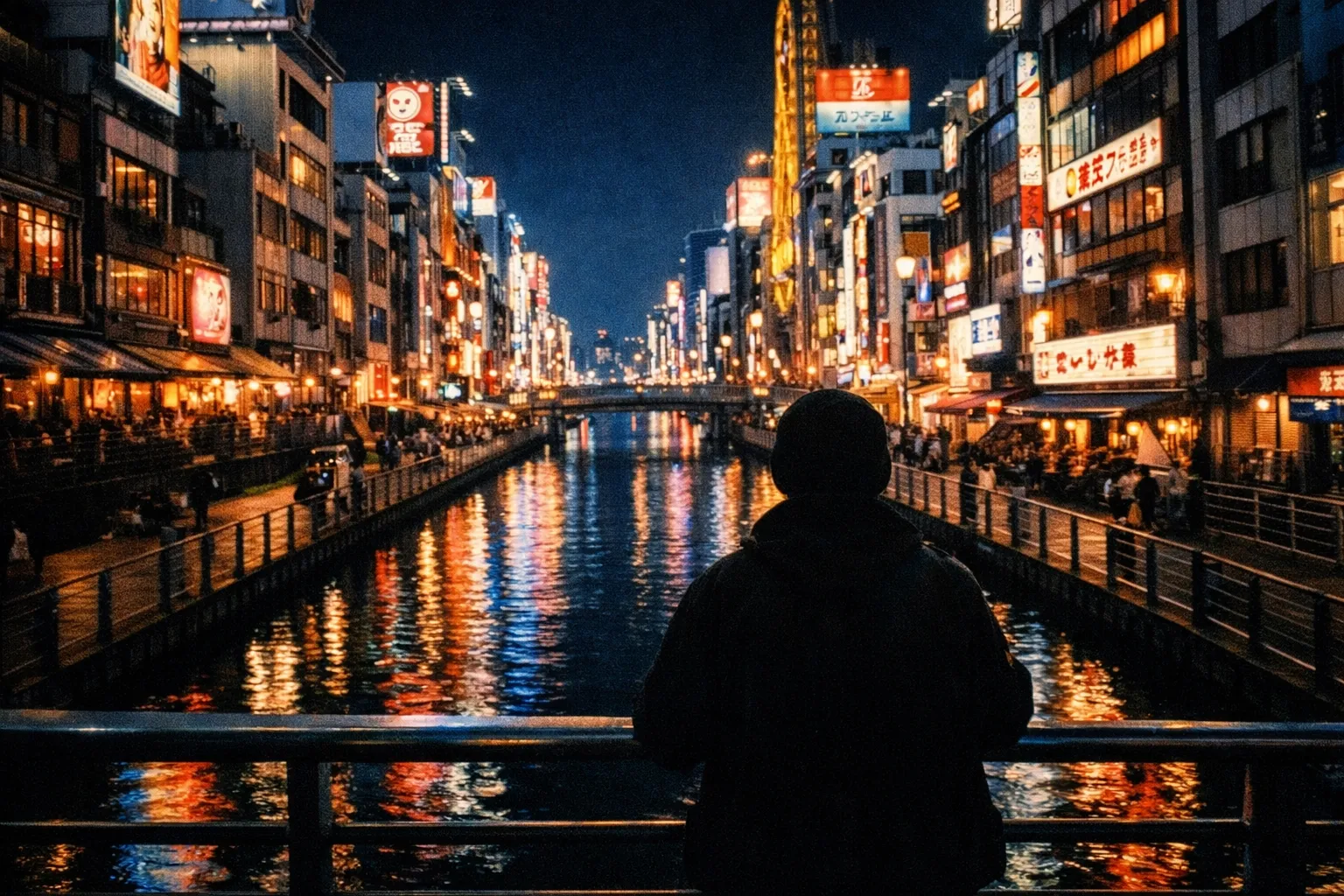 Night view of Dotonbori canal with neon reflections, silhouette of a passerby on a bridge