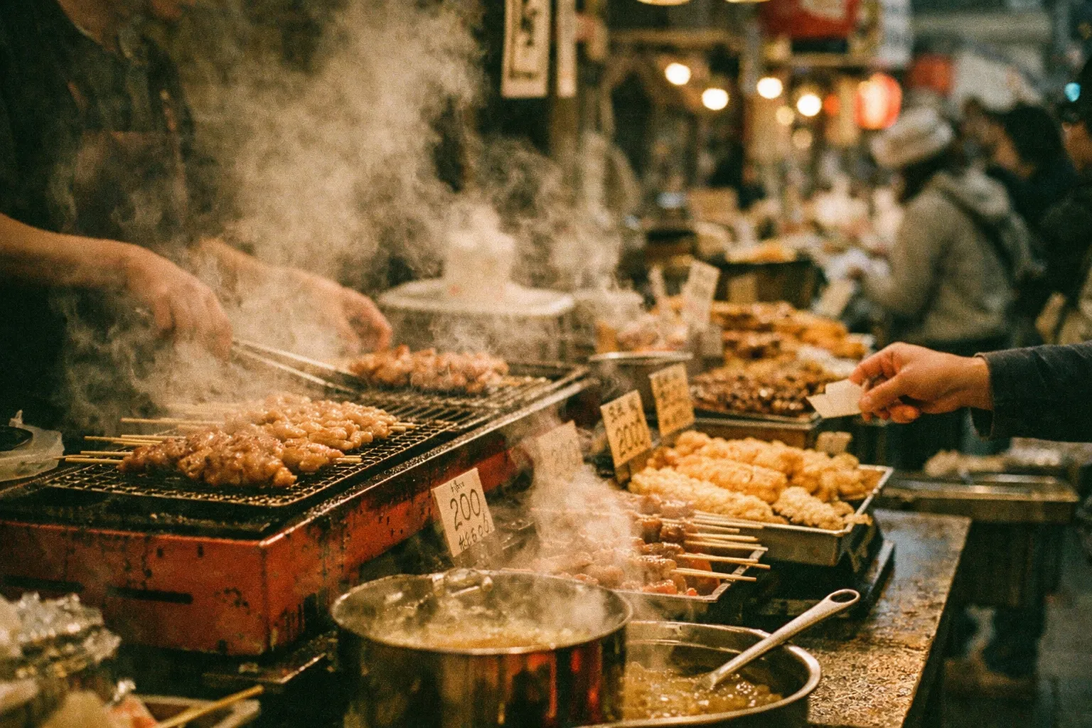Steam rising from grilled street foods at a Kuromon Market stall, hands reaching for skewers