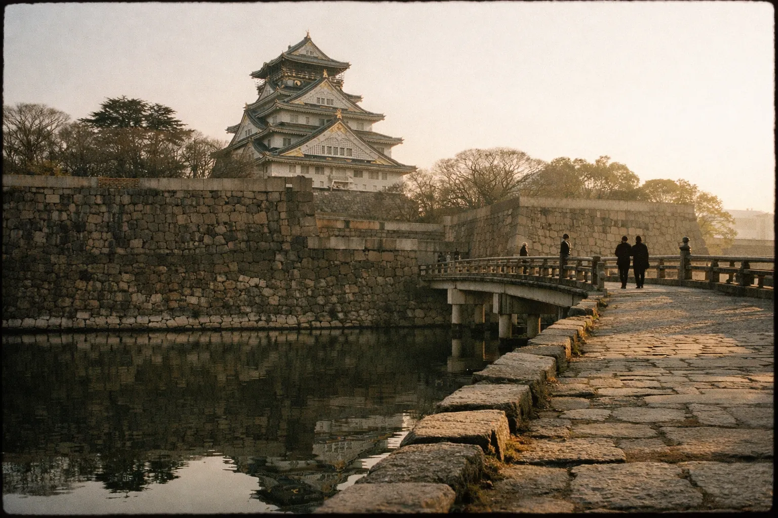Osaka Castle reflected in a moat, early morning light with few visitors