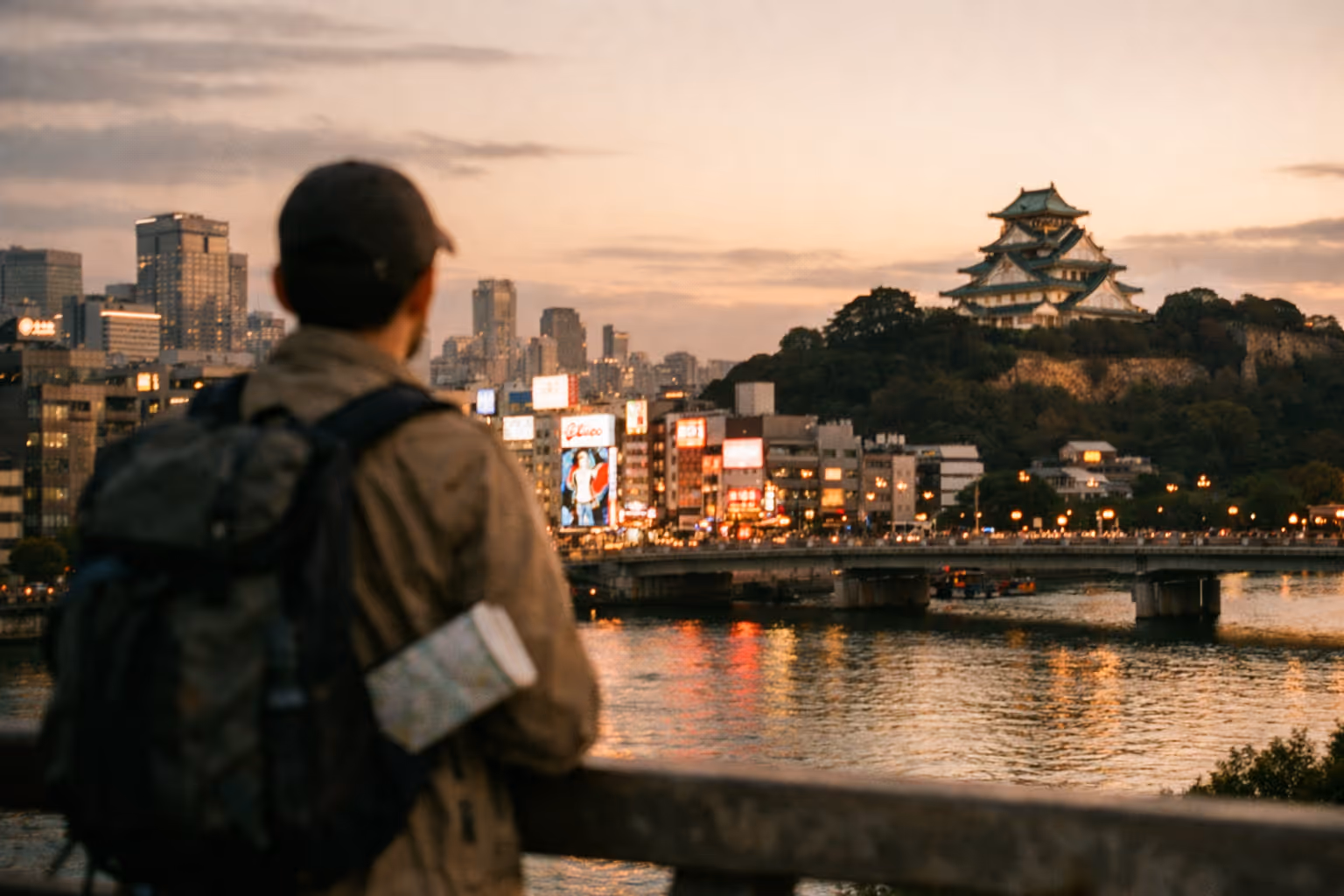 Panoramic Osaka skyline at golden hour with Dotonbori glow and Osaka Castle on a hill, traveler silhouette in foreground