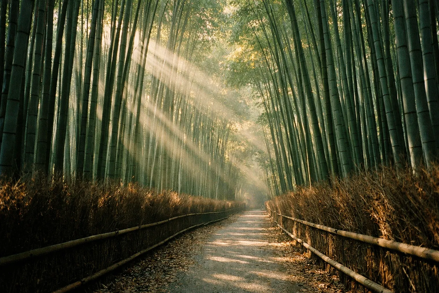 Sunlight through tall bamboo stalks forming a luminous corridor