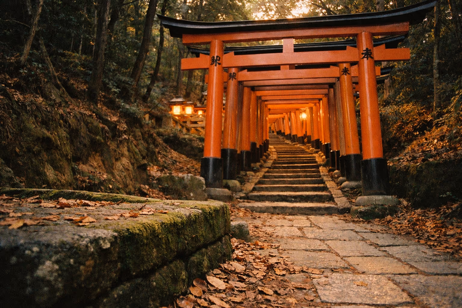 Golden-hour view of Fushimi Inari Shrine torii gates along the mountain path, Kyoto