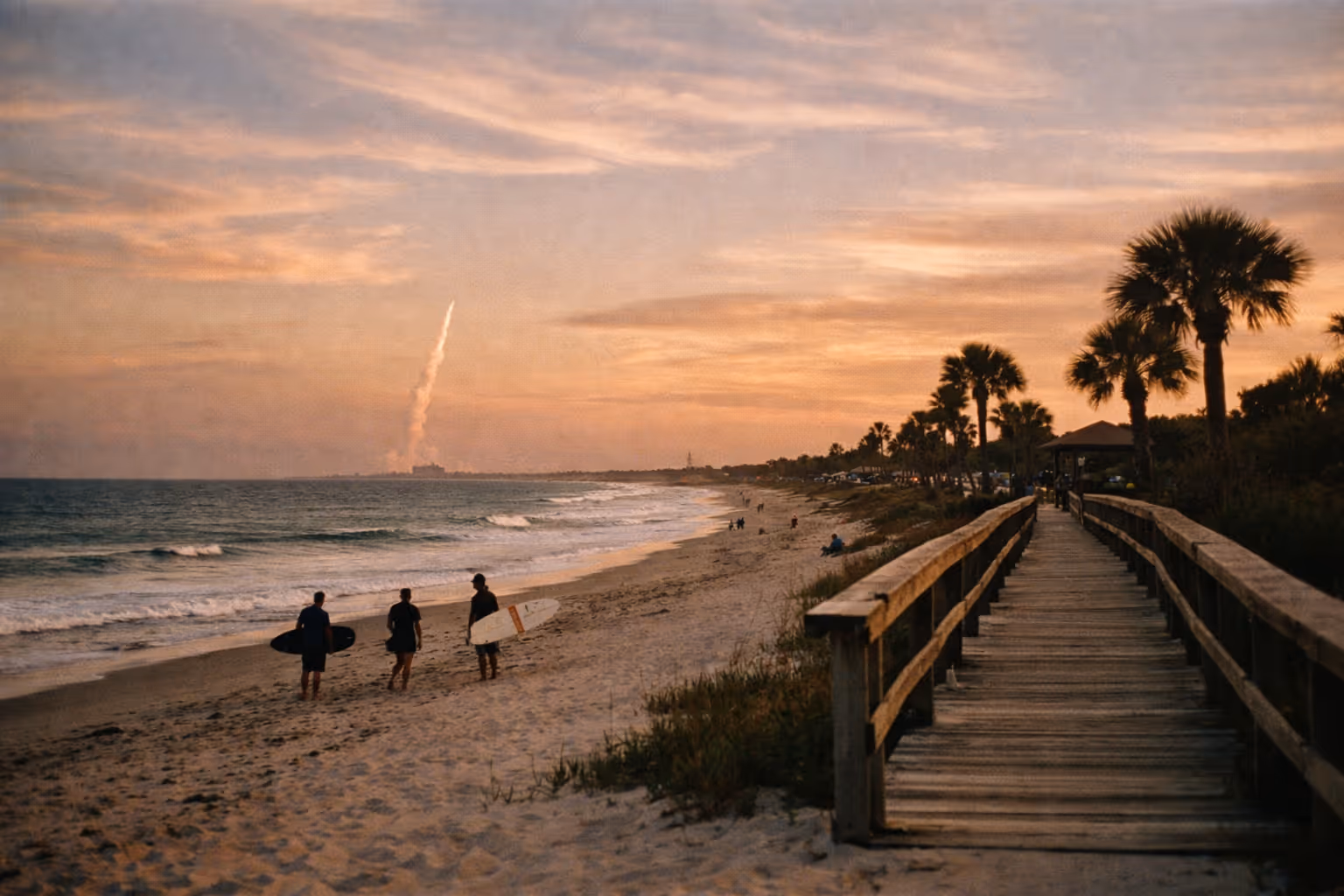 Editorial wide-shot of Cocoa Beach coastline with surfers, pier, and distant Cape Canaveral rocket launch plume