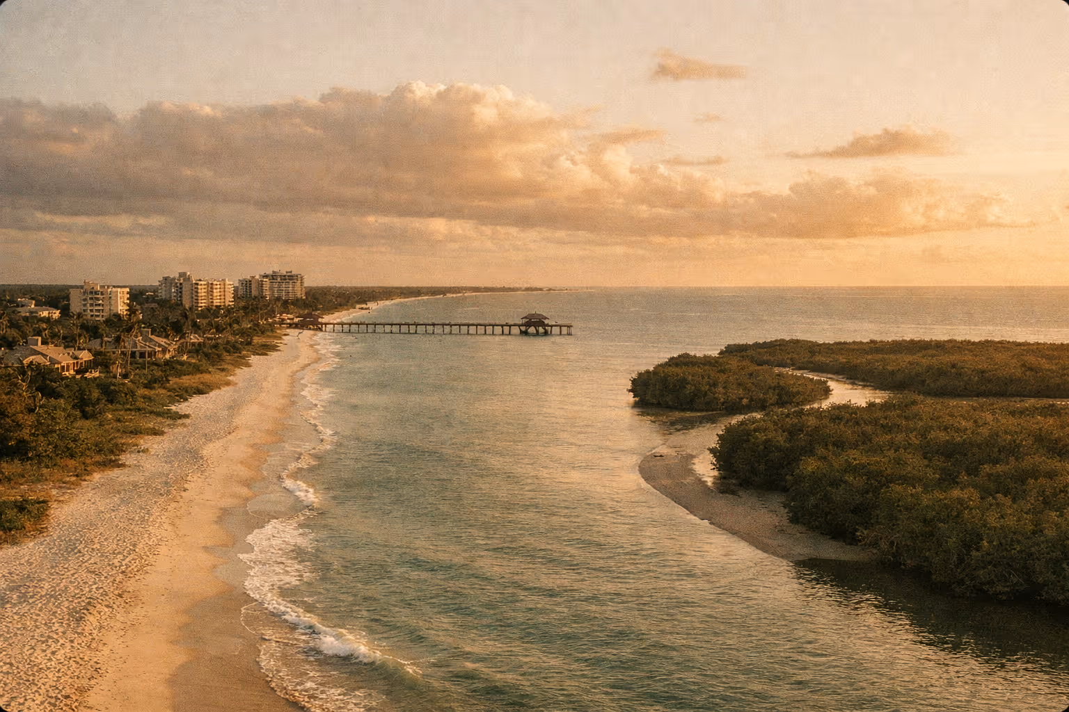 Golden-hour panoramic Naples coastline with beach, mangroves, and distant pier