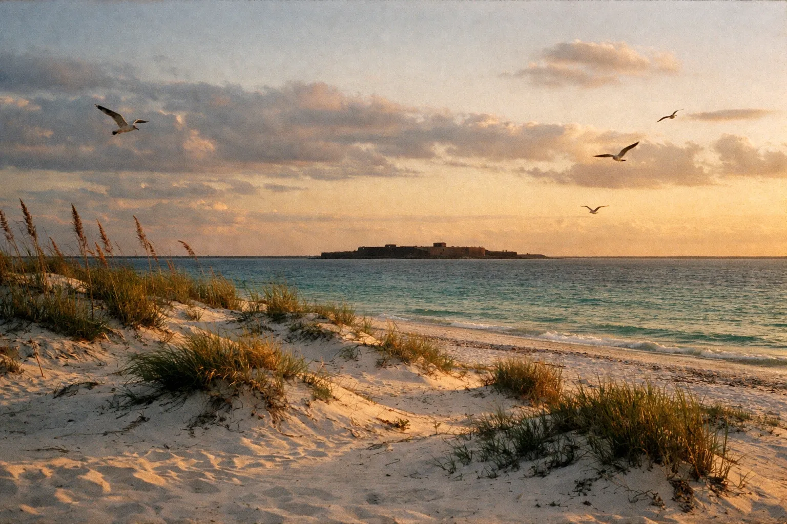 Gulf Islands National Seashore barrier island beaches at golden hour