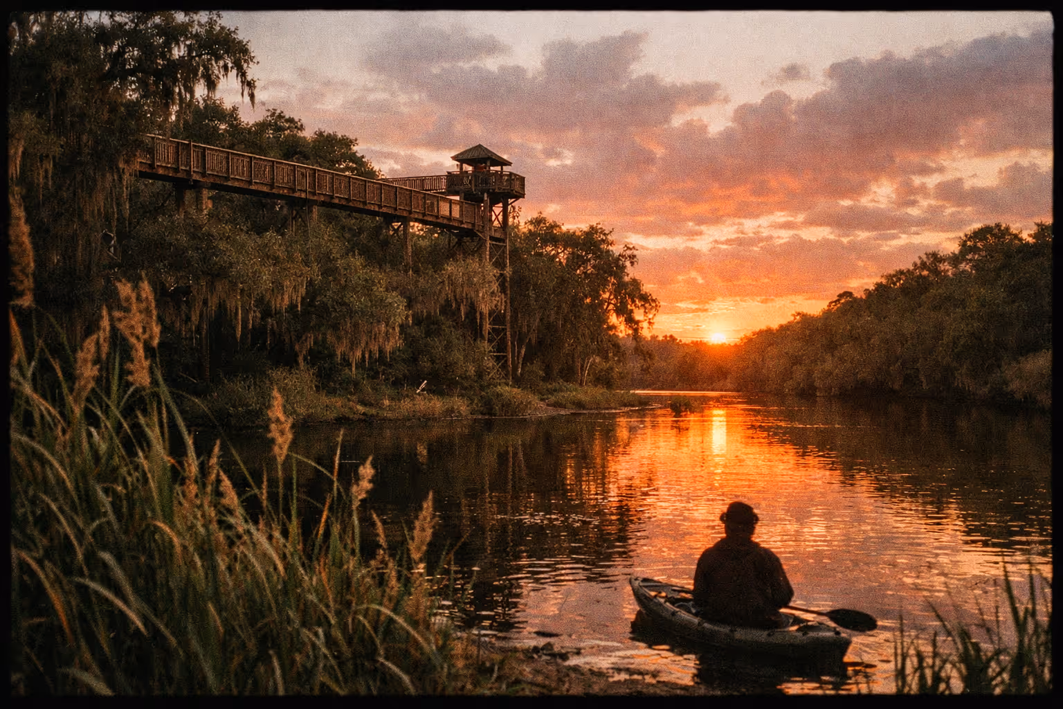 Editorial photograph of Myakka River State Park during golden hour, featuring the canopy walkway above the marsh and a distant silhouette on the shore, with warm, earthy tones.