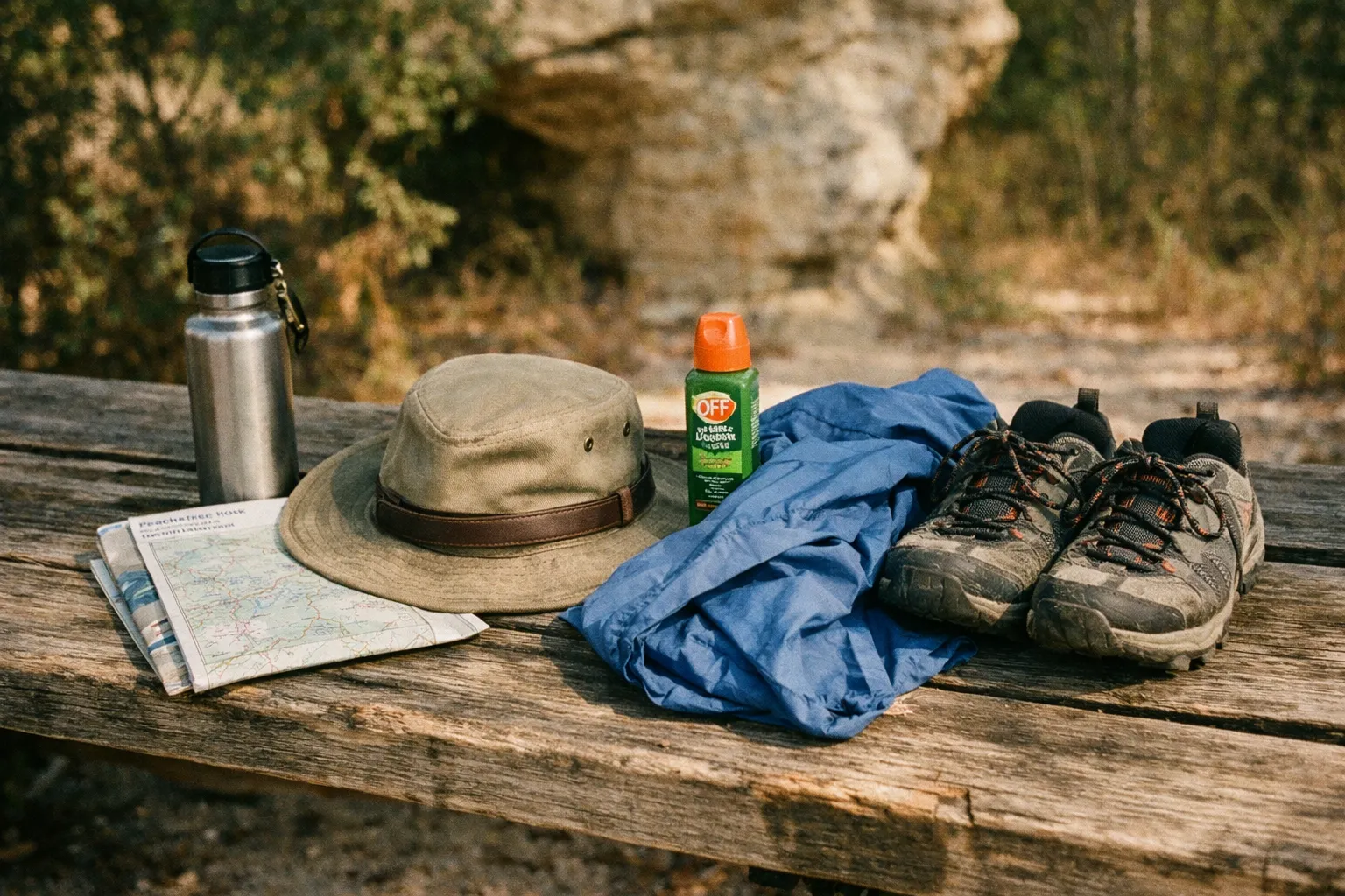 Hiking essentials arranged on a wooden bench beside a trailhead