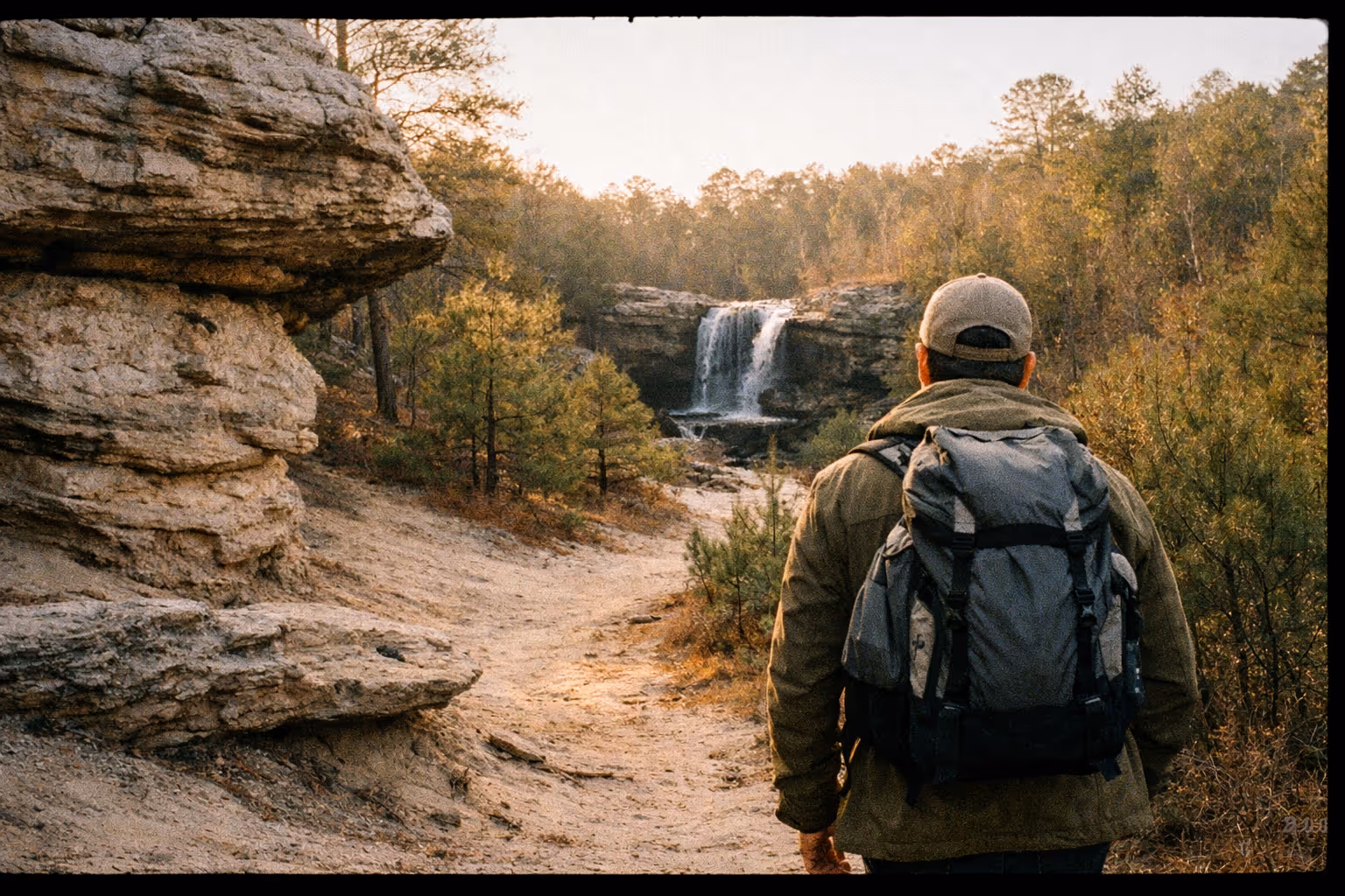 Editorial shot of hikers along Peachtree Rock Blue Trail at golden hour with sandstone formations and a distant waterfall