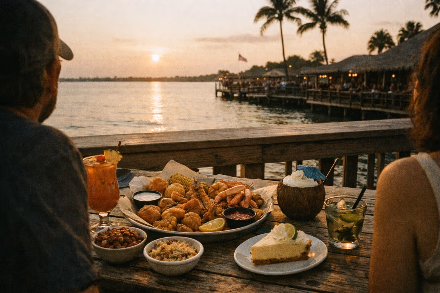 Editorial shot of Cocoa Beach waterfront dining at golden hour, seafood platter and key lime pie on a rustic table with ocean backdrop.