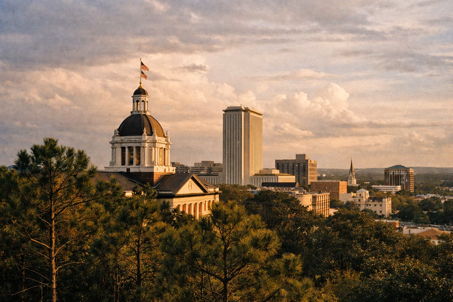 Tallahassee skyline at golden hour with the Florida State Capitol dome rising above pine trees