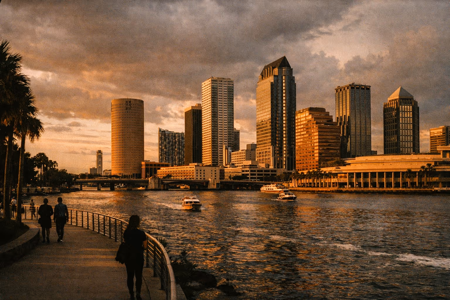 Panoramic Tampa skyline at golden hour along the riverfront with palm silhouettes and calm water