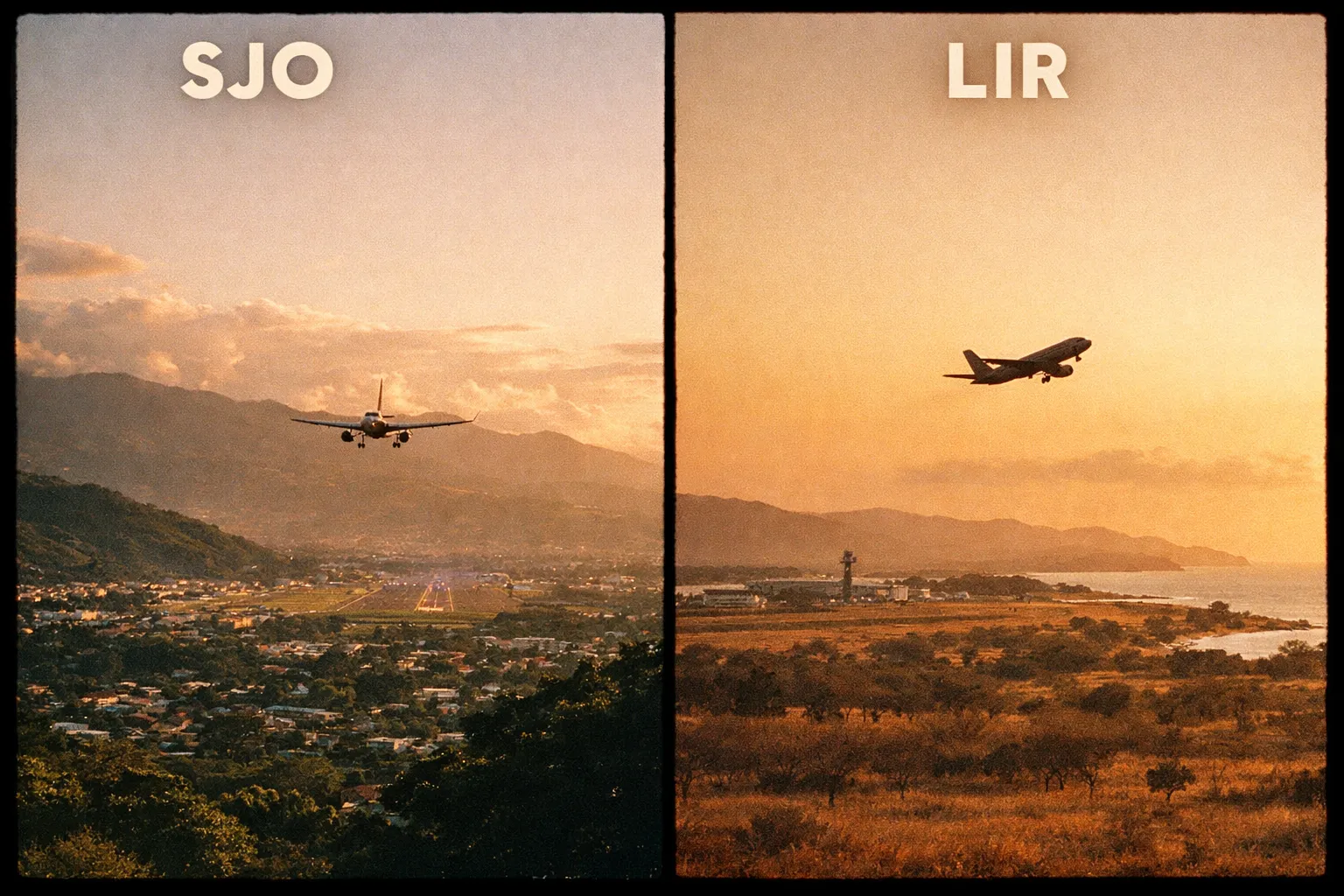 Split-scene editorial comparing SJO and LIR with distant aircraft and landscapes