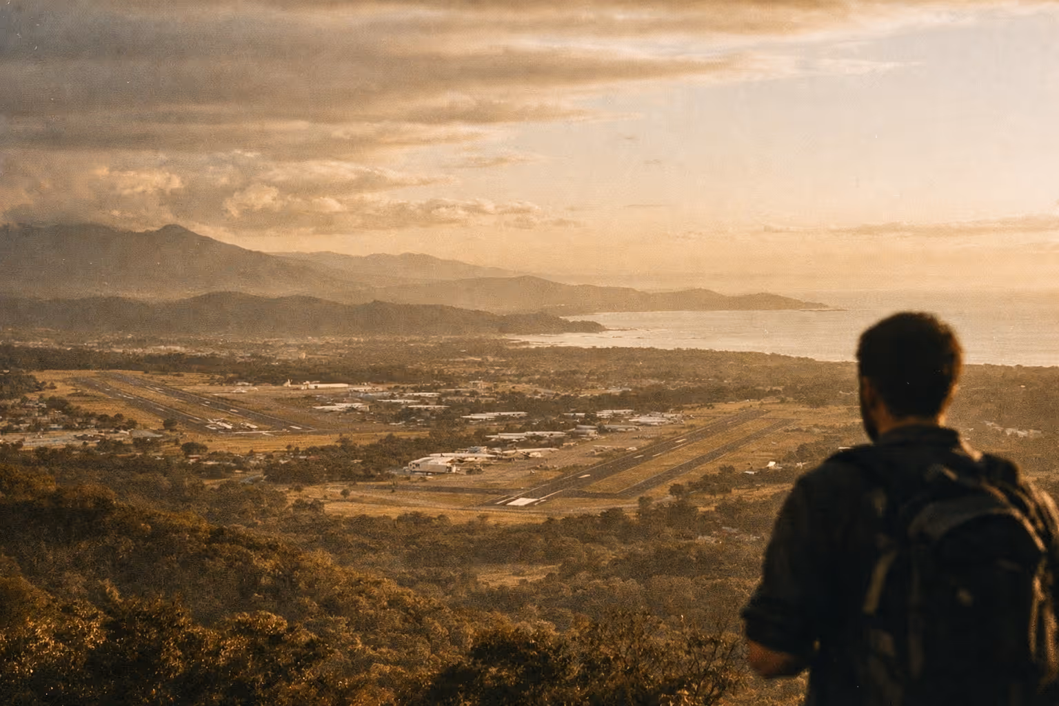 Editorial panorama of Costa Rica's major airport gateways at golden hour