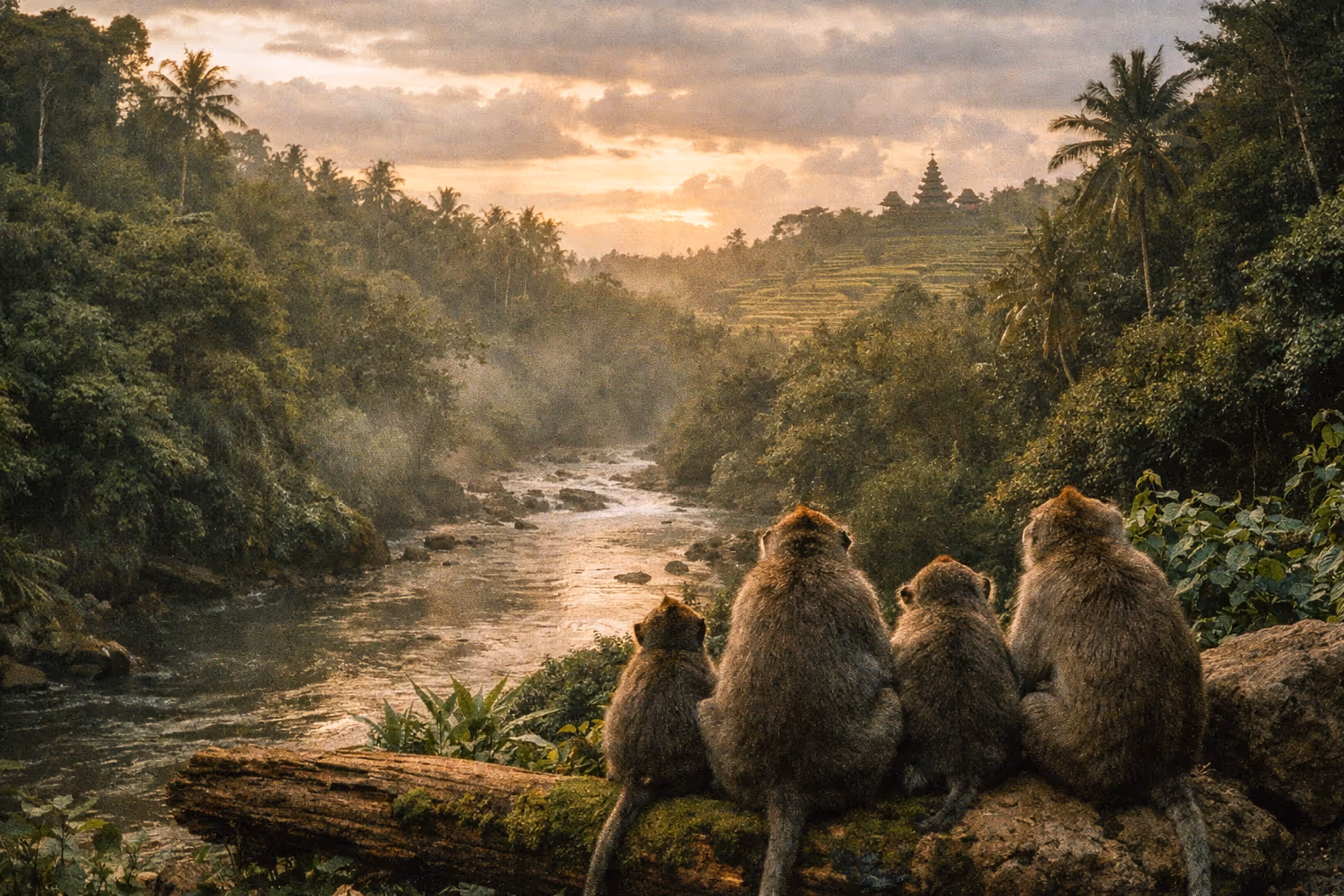 Panoramic jungle river scene at golden hour in Ubud, monkeys in the foreground, river winding through rainforest with terraced hills in the distance