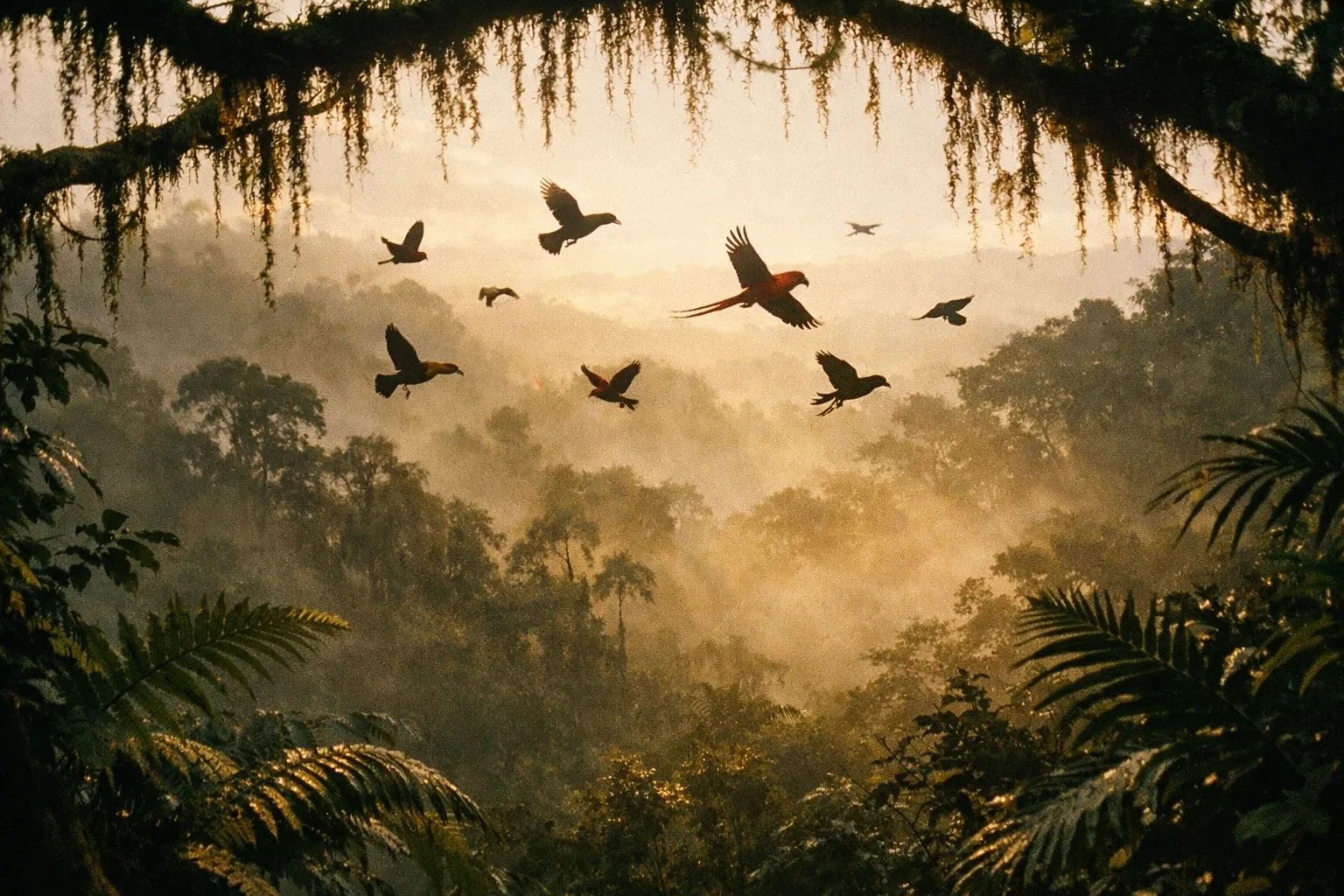 Silhouettes of tropical birds in a misty rainforest canopy