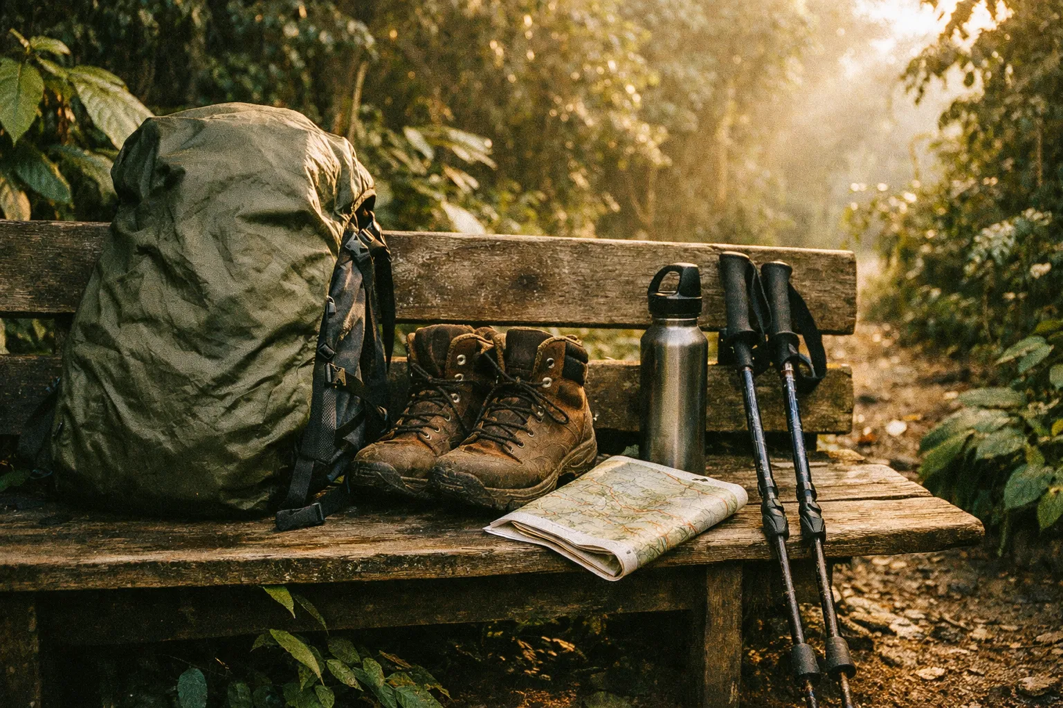 Backpack and hiking boots arranged on a rustic wooden bench beside a rainforest trail in Costa Rica; lush green foliage in the background.