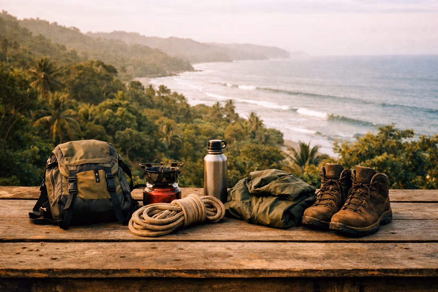 Editorial shot of Costa Rica adventure gear laid out on a dock with jungle and ocean in the background during golden hour.