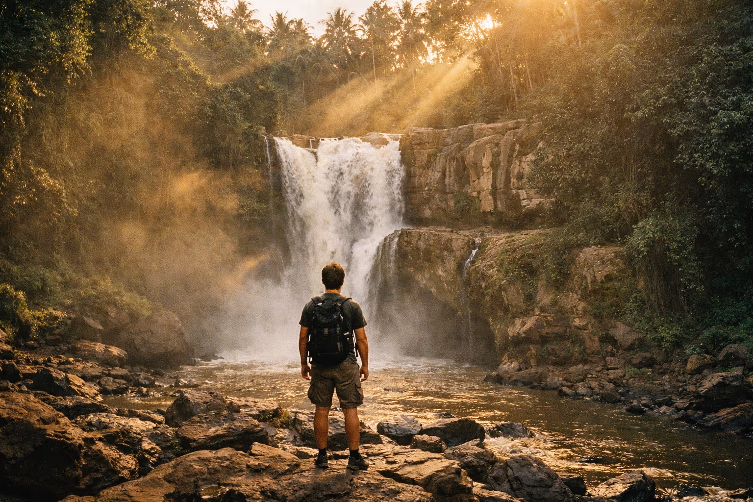 Editorial featured image of a Bali waterfall at golden hour with a silhouette of a traveler