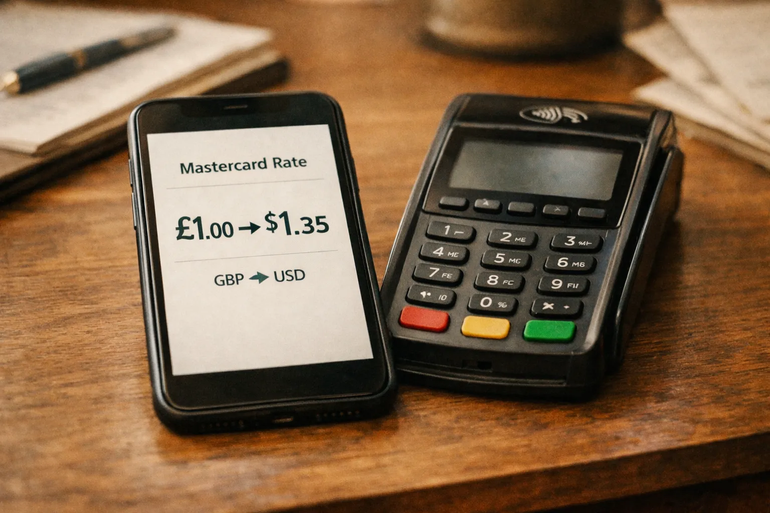 Close-up of currency exchange rate display and a payment terminal on a desk, no branding