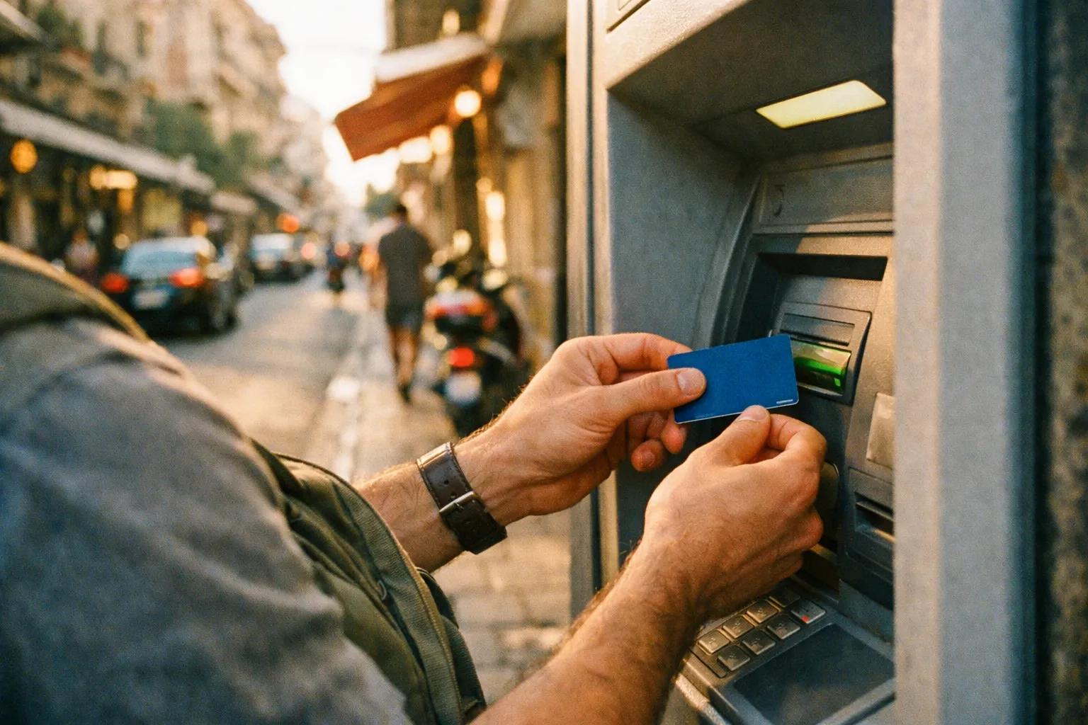 Traveler withdrawing cash at a foreign ATM, hands visible, warm afternoon light