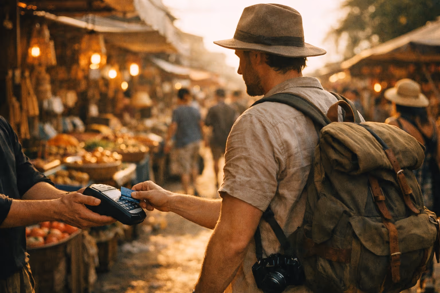 Editorial outdoor travel scene of a traveler paying by card at a sunlit street market