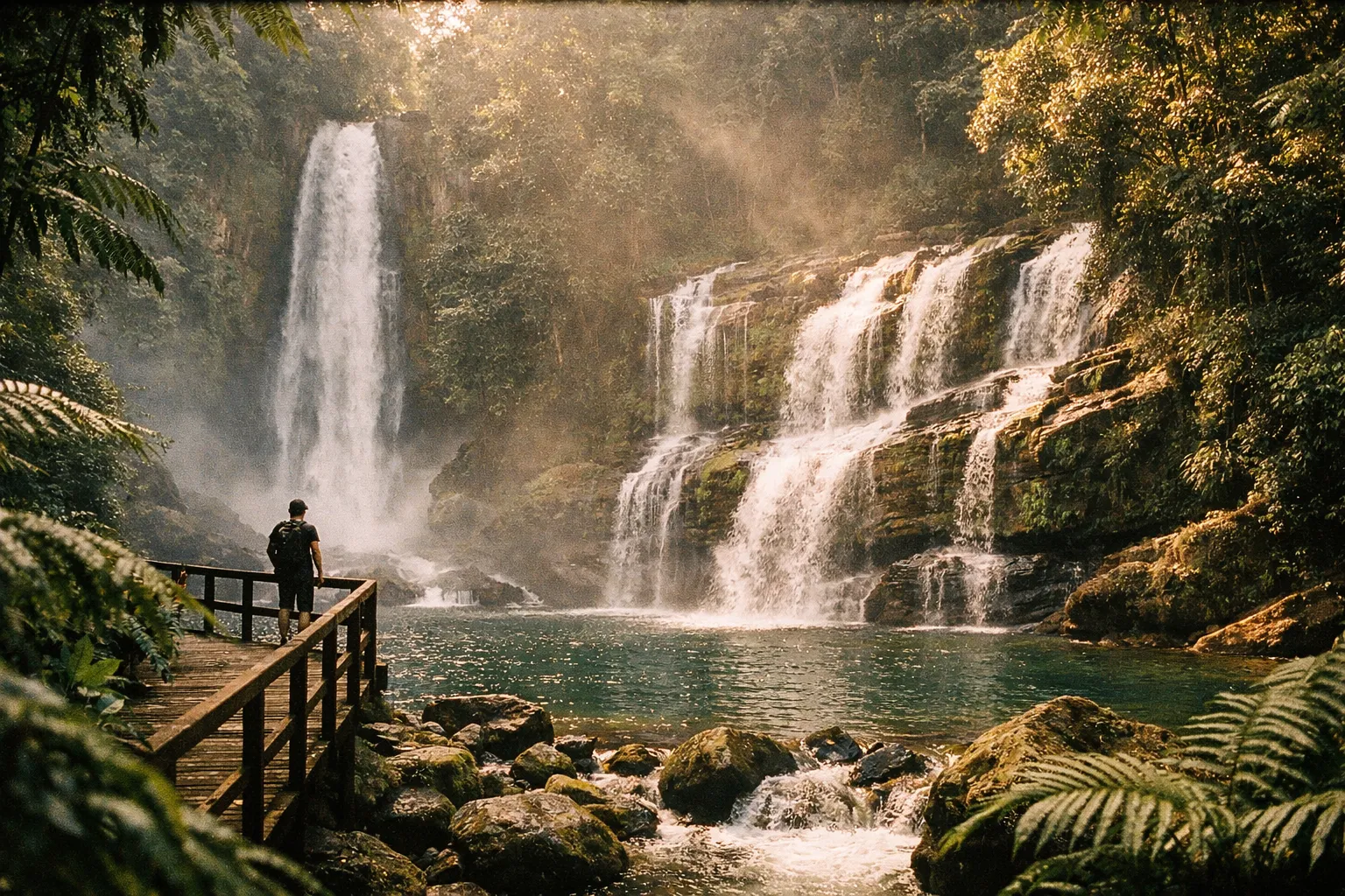 Rainforest waterfall scene with multiple cascades and a wooden viewing platform silhouette