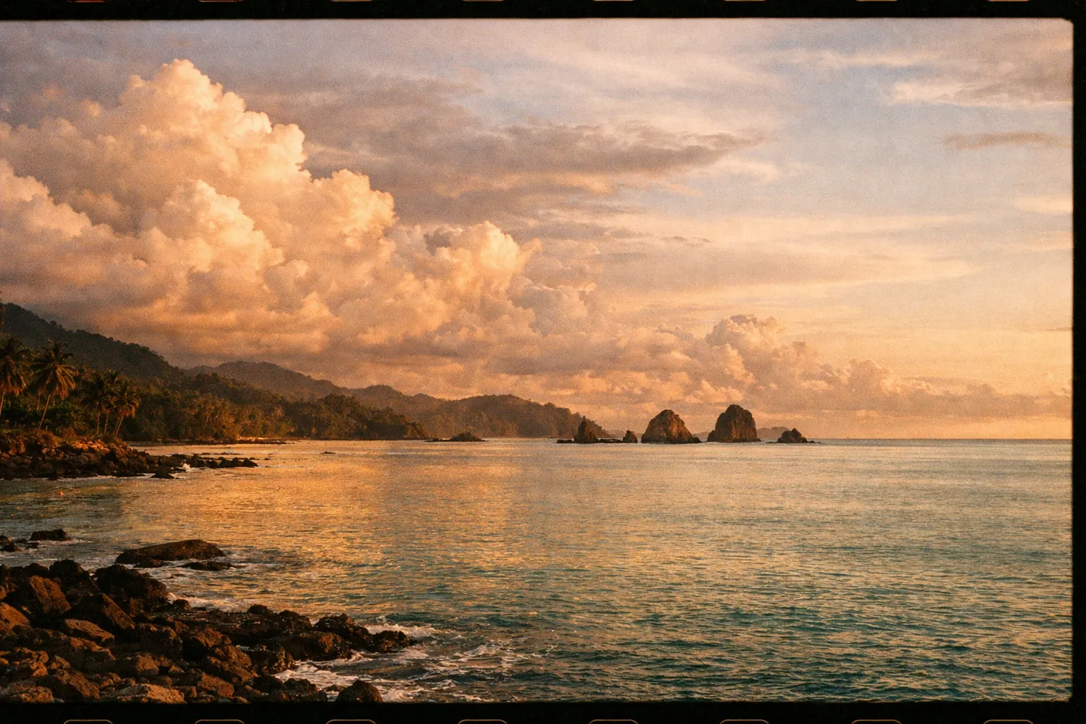 Coastal panorama at golden hour with dramatic sky and calm sea