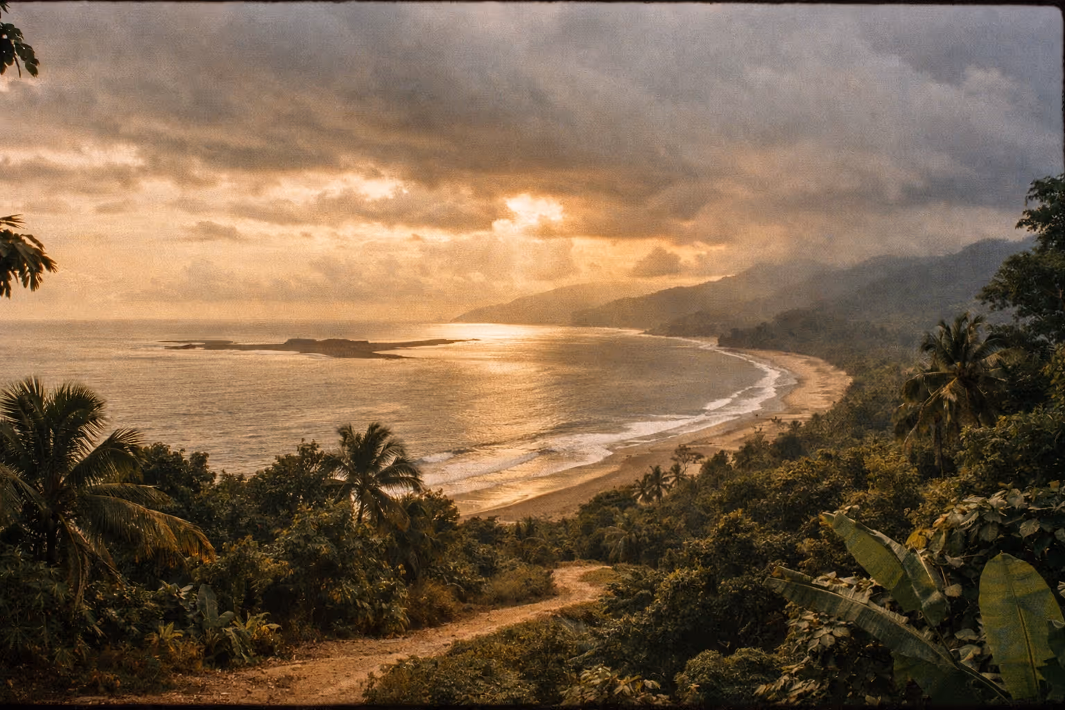 Hero image of Uvita's coastline at golden hour with the Whale Tail formation and jungle framing